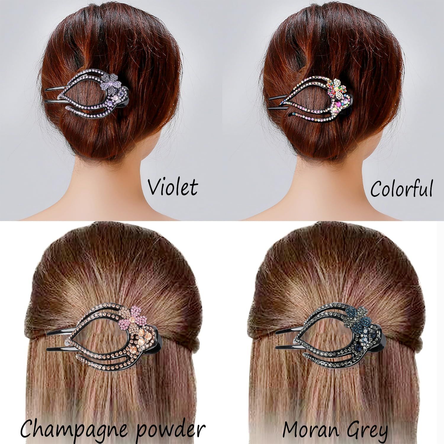 Yusier 4PCS Heart Style Ponytail Duckbill Clips with Headdresses for Women, Flower Rhinestone Barrettes Sparkly Prom Diamond Hair Clips (Plum Blossom)
