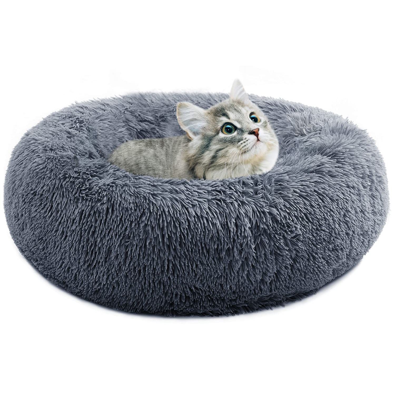 CEVICOLZE Small Cat Bed for Indoor Cats, Self-Warming Donut Kitty Bed for Small Cats Keeping Warm, Washable Pet Bed with Anti Slip Base, 20‘’ Darkgrey