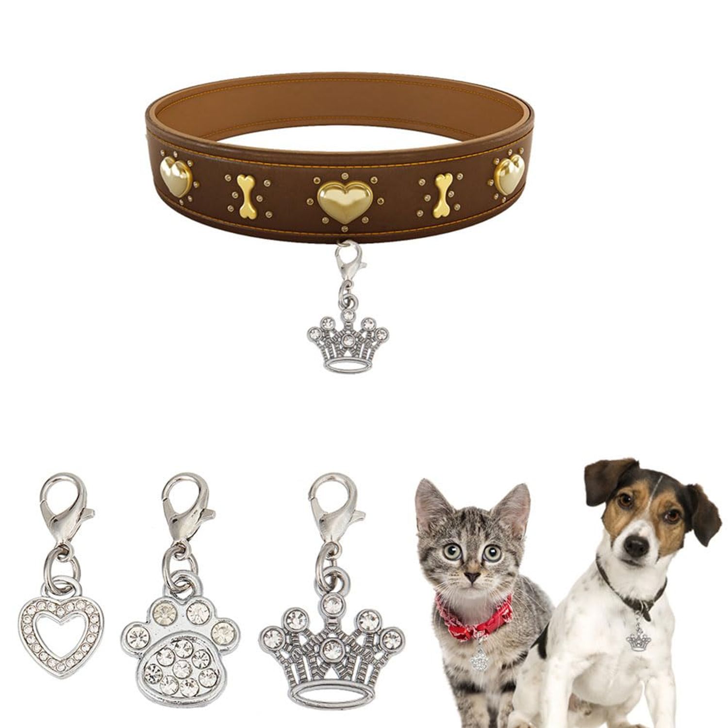 DELORIGIN 12pcs Alloy Pet Collar Charms Pendant 3 Styles Paw Heart Crown Cat Dog Pendants Rhinestone Key Chain Glitter with Carabiner Jewelry Clip-on Charms for Bag Necklace Bracelet Home Decor