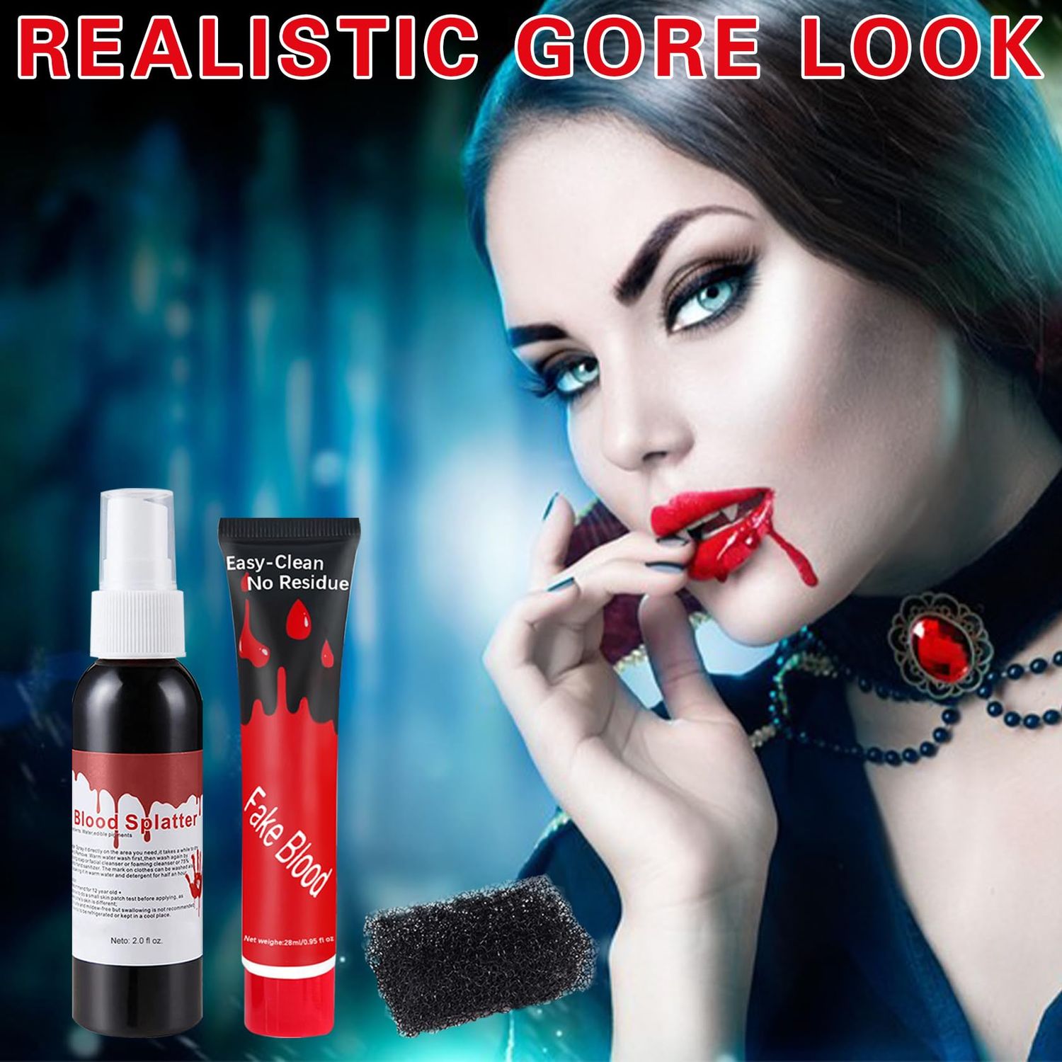 ZHISHUDL Fake Blood Spray 2.1oz(60 ml) Fake Blood Gel With Spong Washable Fake Blood Makeup for Clothes Face Body,Halloween Special Effects Clown Cosplay Vampire Zombie Makeup Kit