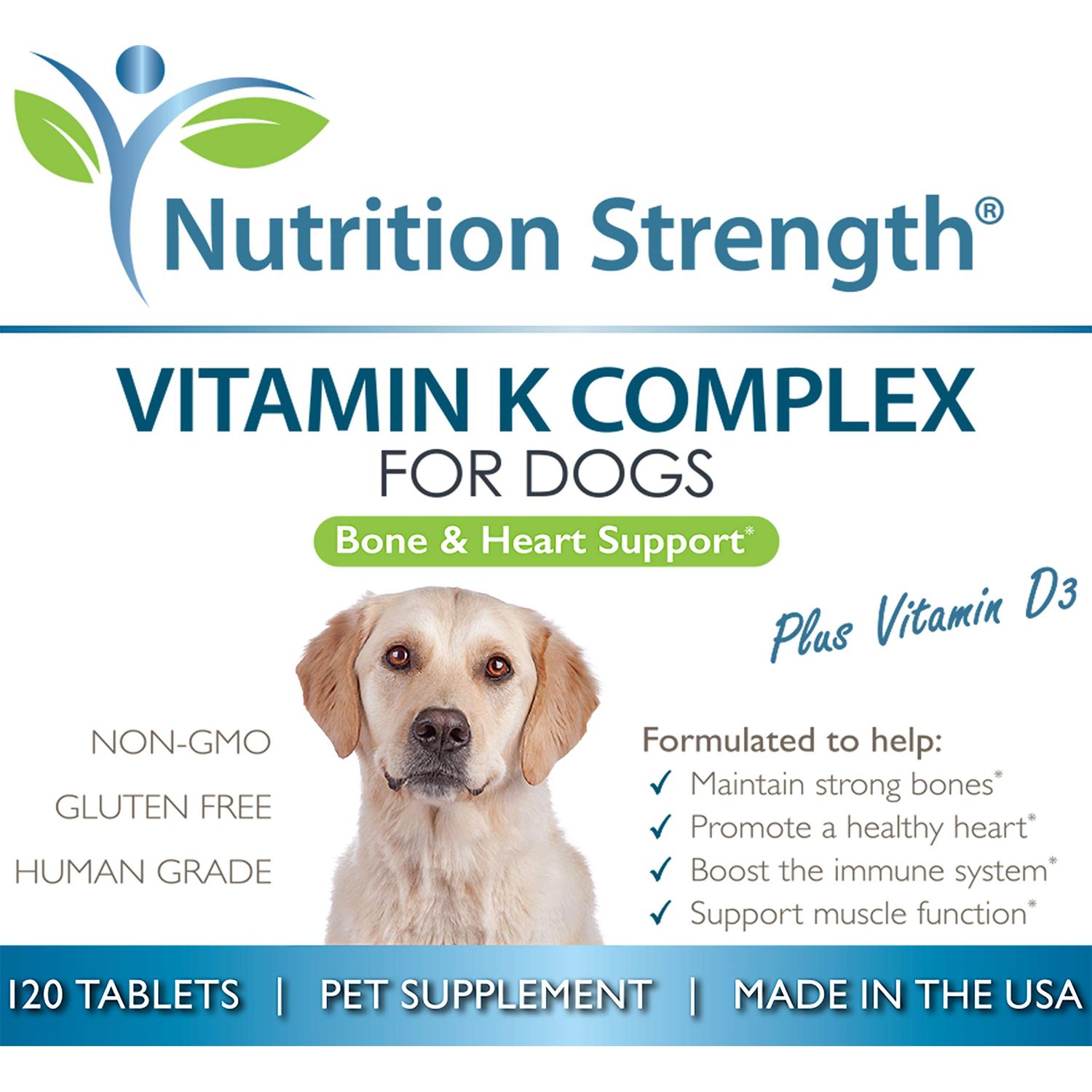 Nutrition Strength Vitamin K for Dogs, Vitamins K1 & K2 (MK4 & MK7) + Vitamin D3, Help Maintain Strong Bones, Promote Healthy Heart, Boost Immune System, Support Muscle Function, 120 Chewable Tablets
