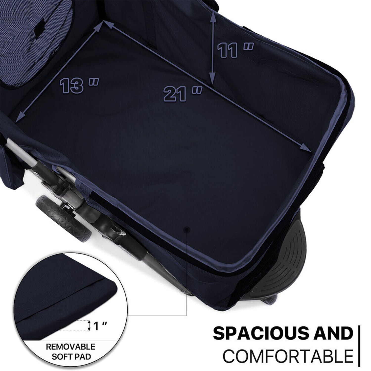 Foldable Pet Stroller fr Cats &Dogs 3 Wheels Carrier Cart w/Cup Holder Navy Blue