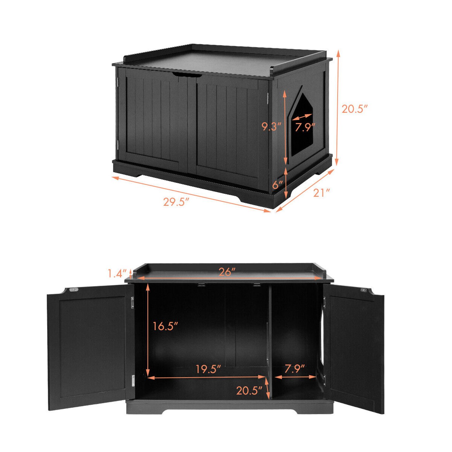 Costway Cat Litter Box Wooden Enclosure Pet House Washroom Storage Bench Black