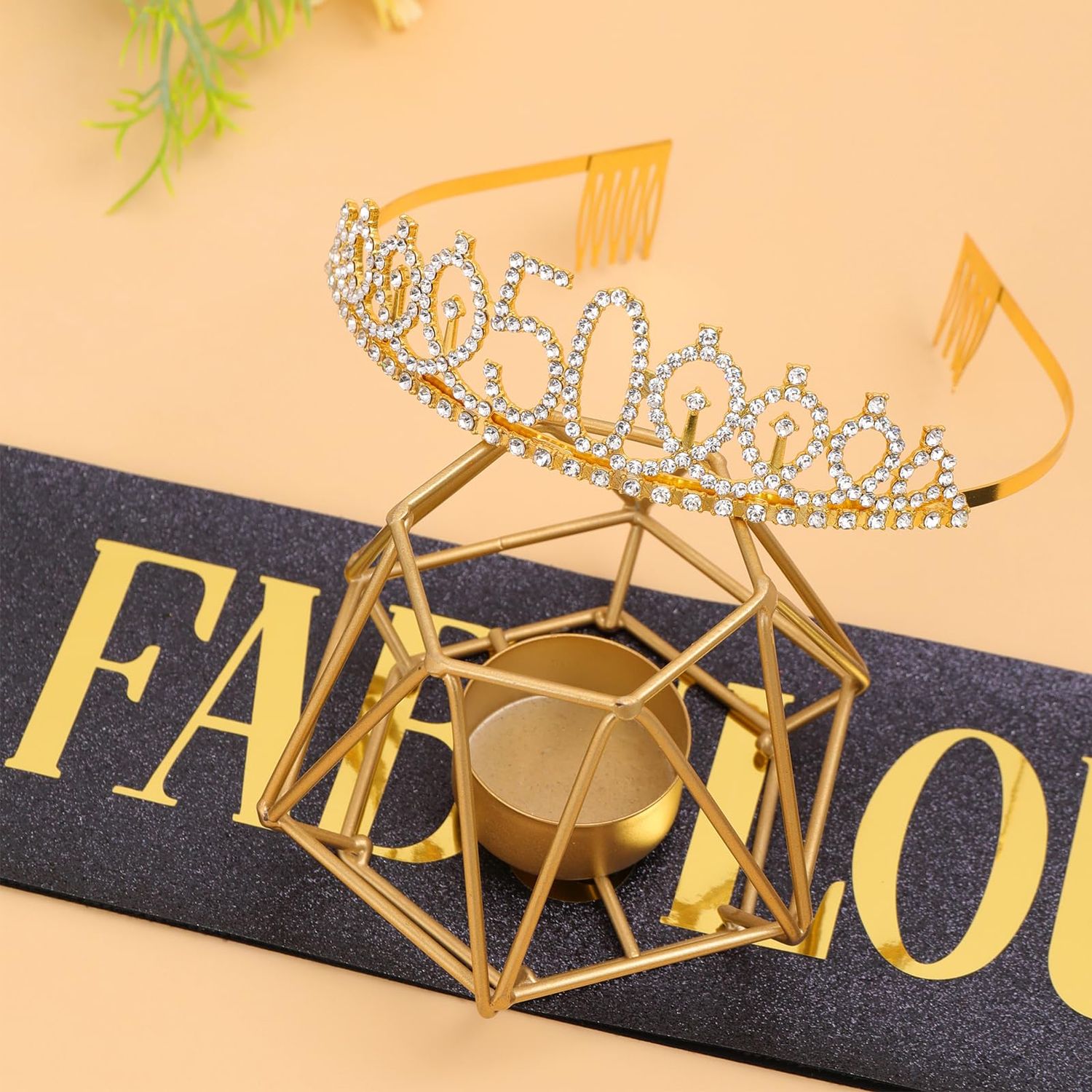 Black Gold "50 & Fabulous"Sash & Rhinestone Tiara Set, 50th Birthday Gifts for Women, Birthday Sash/Tiara for Women's 50th Birthday Party Decoration (Black 50th)