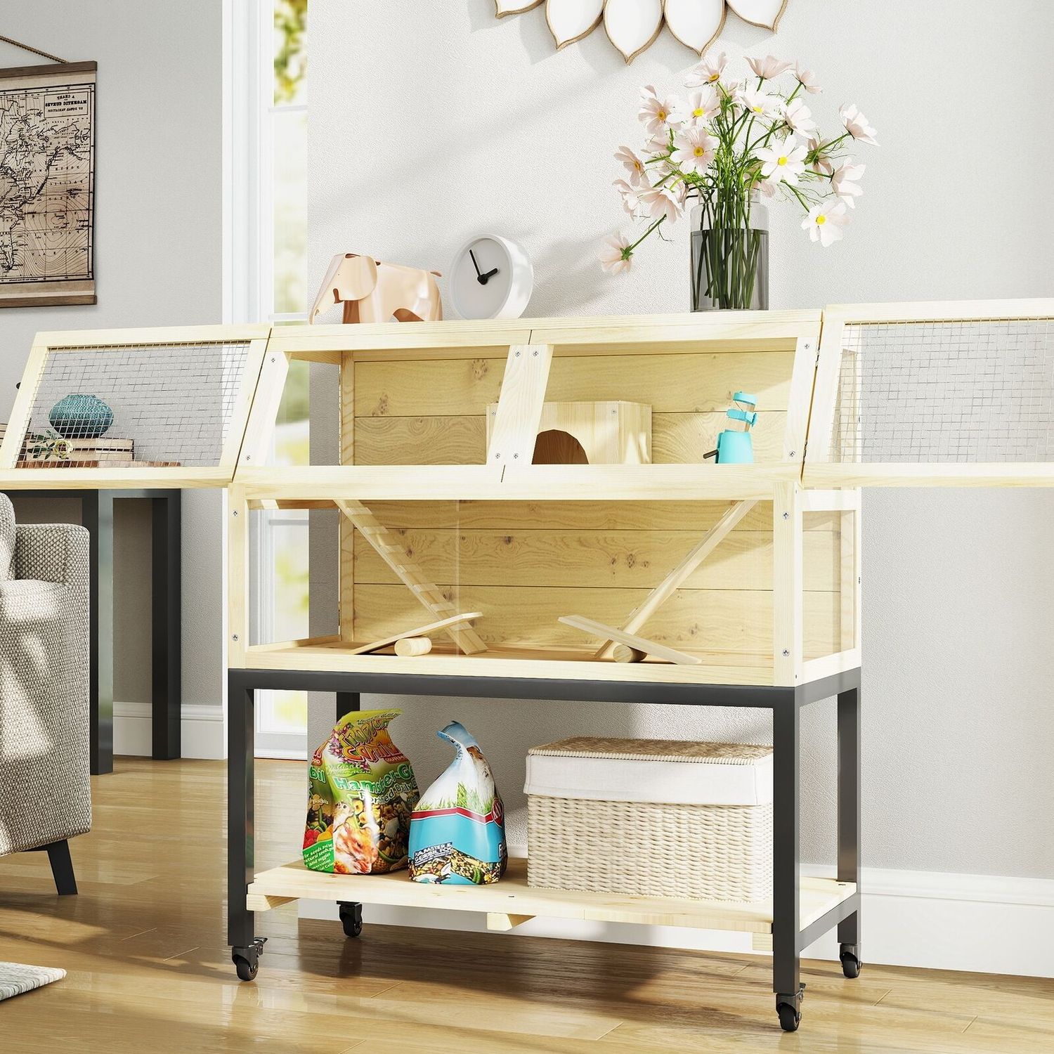 Hamster Cage on Wheels with Storage Shelf, 34"L x 17"W x 40"H