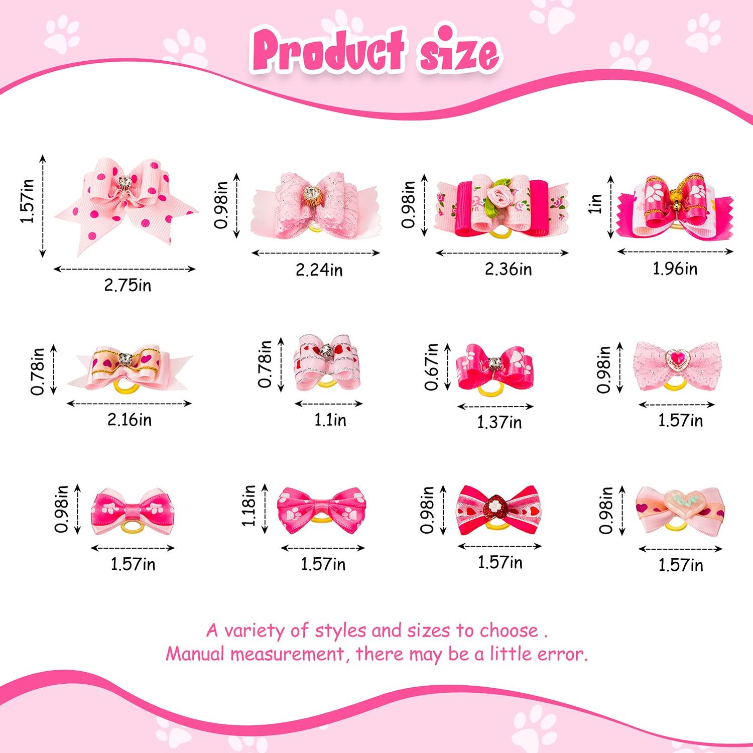 MTLEE 12 Pieces Small Dog Hair Bow Rubber Bands Cute Puppies Hair Bows Pink Doggies Cat Topknot Pet Headdress with Rhinestones Dog Grooming Bowknot Pet Hair Accessories for Puppy Kitten