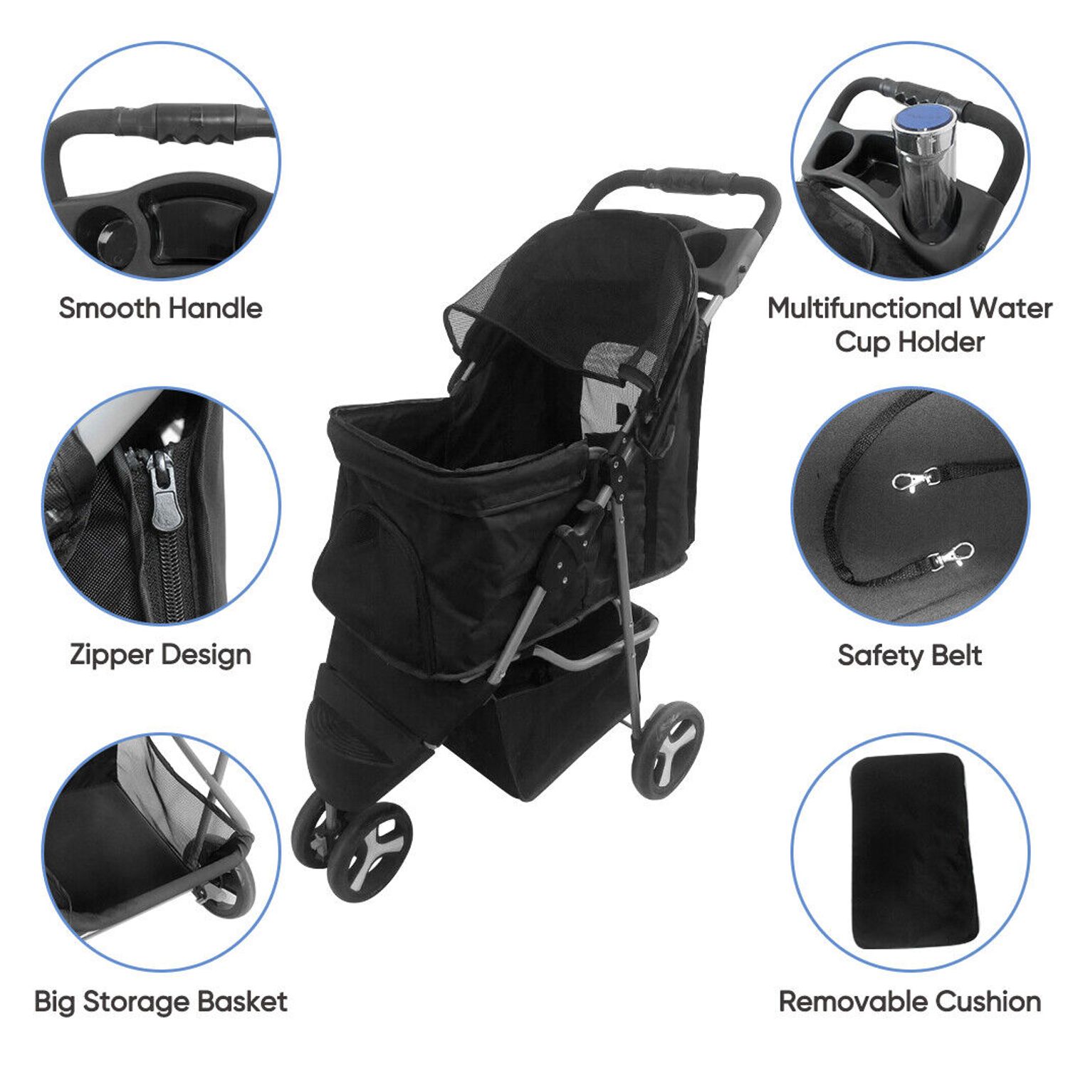 Dog Stroller Pet Travel Carriage 3 Wheeler w/Foldable Carrier Cart W/Cup Holder