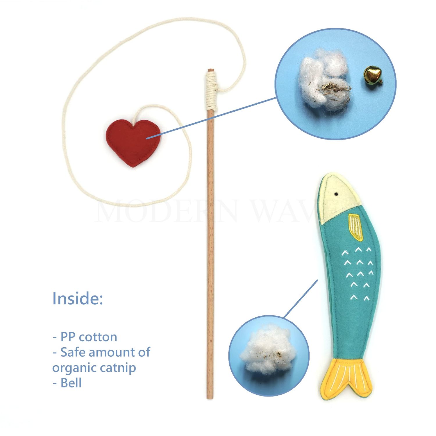 MODERN WAVE - Catnip Handmade Kittens Cats Toys Collection in Gift 4-Pack Box (Felted Fish, Lama, Knitted Mouse with Bell, Cat Heart Teaser)