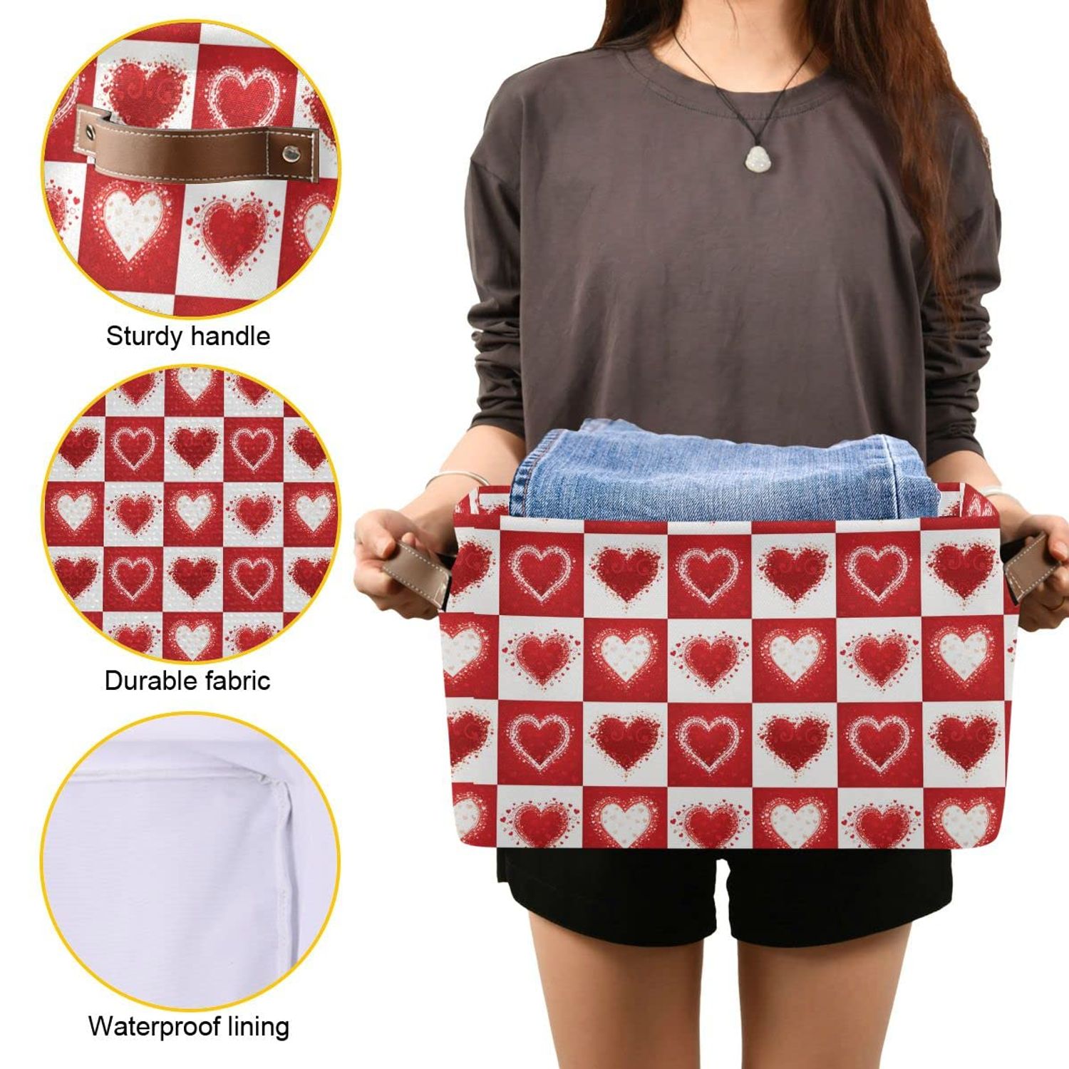Happy Valentine's Day Love Heart Storage Basket Fabric Laundry Baskets Red White Buffalo Plaid Storage Boxes Organizer Bag for Baby Cloth Dog Toy Book Storage Cubes Shelf Closet Bins 16×12×8 Inches