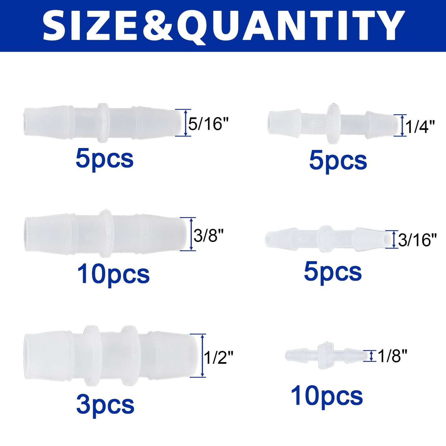 38Pcs Hose Barb Fittings Kit, Pipe Connector Joint Splicer Mender Adapter Union for Aquarium Adapter Gas Liquid Air, for Hose ID 1"x1", 3/8"x3/8", 5/16"x5/16", 1/4"x1/4", 3/16"x3/16", 1/8"x1/8"