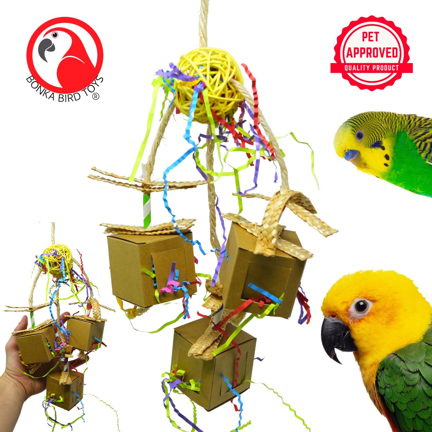 Bonka Bird Toys 2635 Peekaboo Trio Forage Chew Shred Medium Parrot Cage Toy, Conure, Ringneck, Pionus, and Similar Breed Sizes