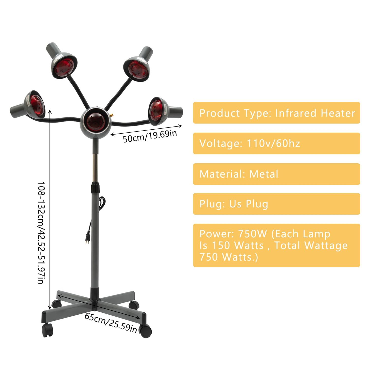 RustyVioum 5 Head Infrared Heat Lamp, 110V 750W Professional Hair Steamer Rolling Infrared Beauty Color Processor with Rolling Base, Hair Salon Barber Equipment Infrared Heating Lamp