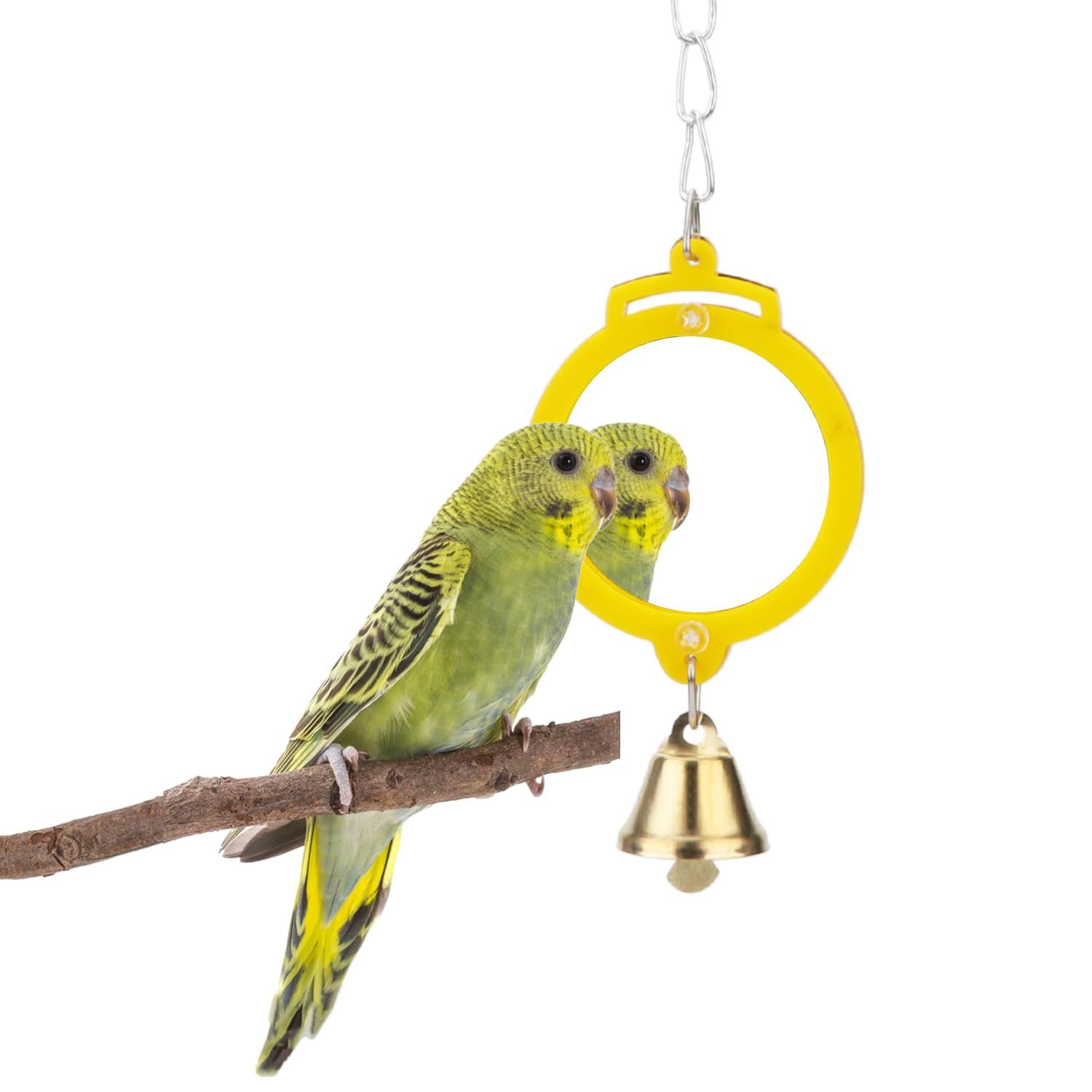 Hypeety Pet Bird Mirror with Bell Interactive Treat Puzzle Parrot Toy Bird Cage Mirror Small Bird Swing Chew Toys Fun Cage Accessories (Color Random) (Round Shape)