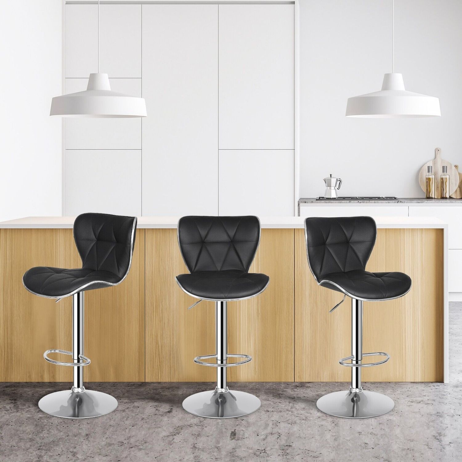 Set of 4 Black Bar Stools w/Shell Back PU Leather Back Adjustable Swivel Stools