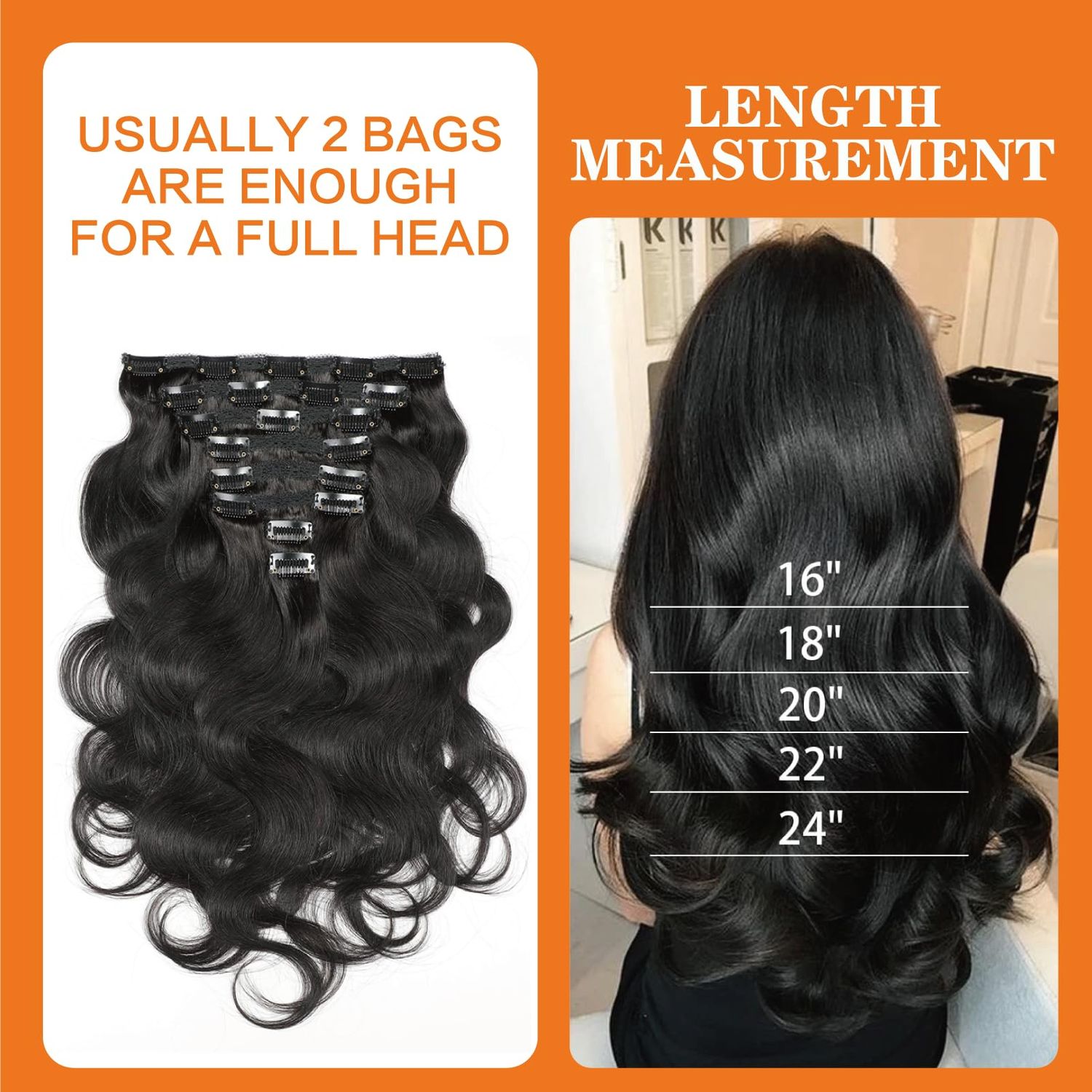 Yacurcur Body Wave Clip Ins Human Hair 8Pcs/Set 120 Gram Body Wave Clip in Hair Extensions 10A Brazilian Virgin Human Hair for Black Women Natural Black Color 20 Inch