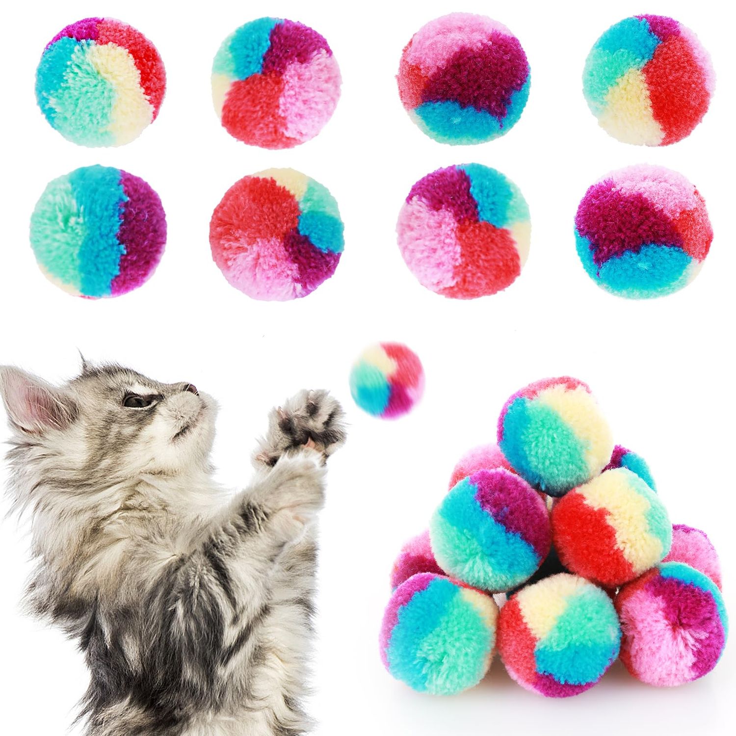 Amaxiu 1.2 in Colorful Cat Pom Pom Ball Toys, 20 Pcs Rainbow Cat Toy Balls Soft Plush Cat Ball Interactive Toy Training Ball Toy for Indoor Cats Kitten Exercising Playing