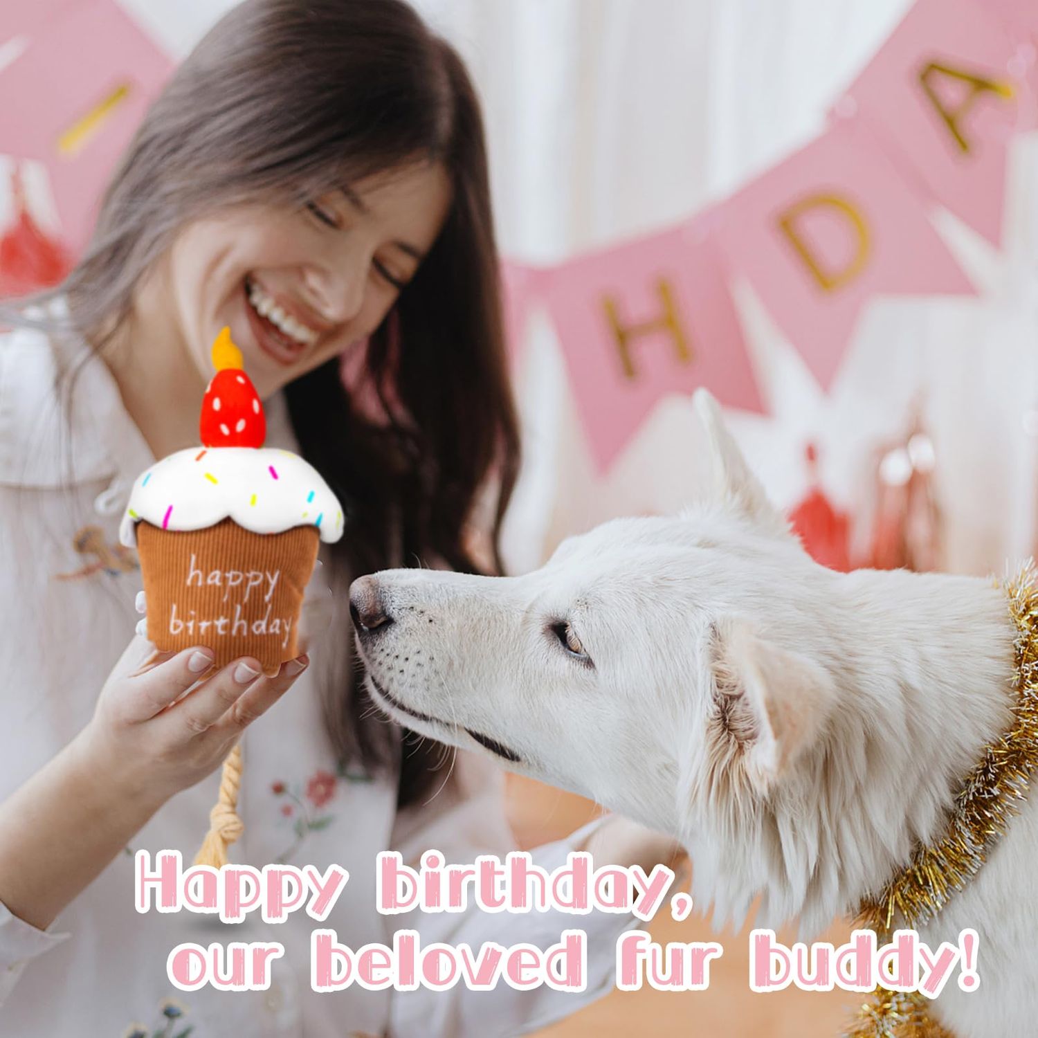 REQIHO Dog Birthday Toys - Dog Birthday Cake Toy, Strawberry Plush Squeaky Cake Dog Toy, Boy Girl Dog Birthday Gift
