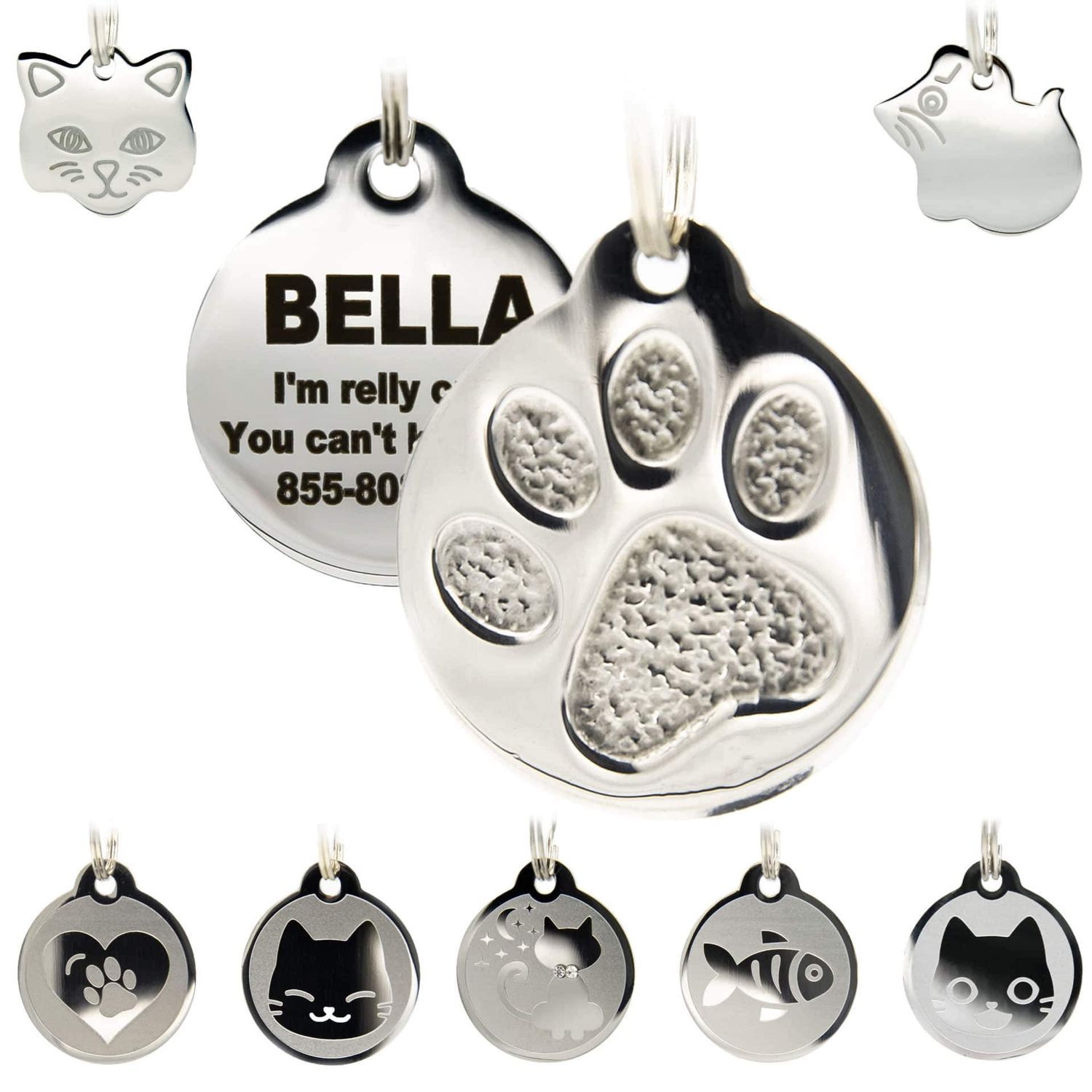Stainless Steel Cat ID Tags - Engraved Personalized Cat Tags includes up to 4 Lines of Text with Round Paw Shape