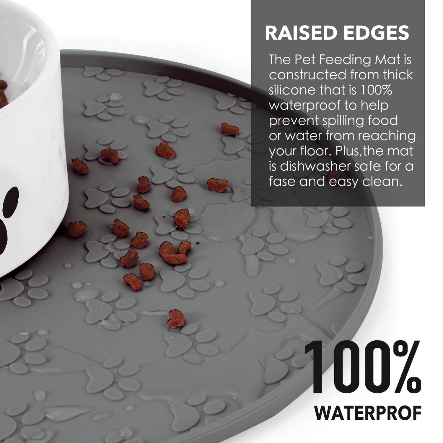 Silicone Pet Food Mat - Waterproof Dog Food Bowl Mat Cat Feeding Mat Thicker Pet Placemat Eating Mat with High Lip to Prevent Spills, Dog & Cat Water Bowl Mat for Messy Drinkers to Protect Floors，Gray