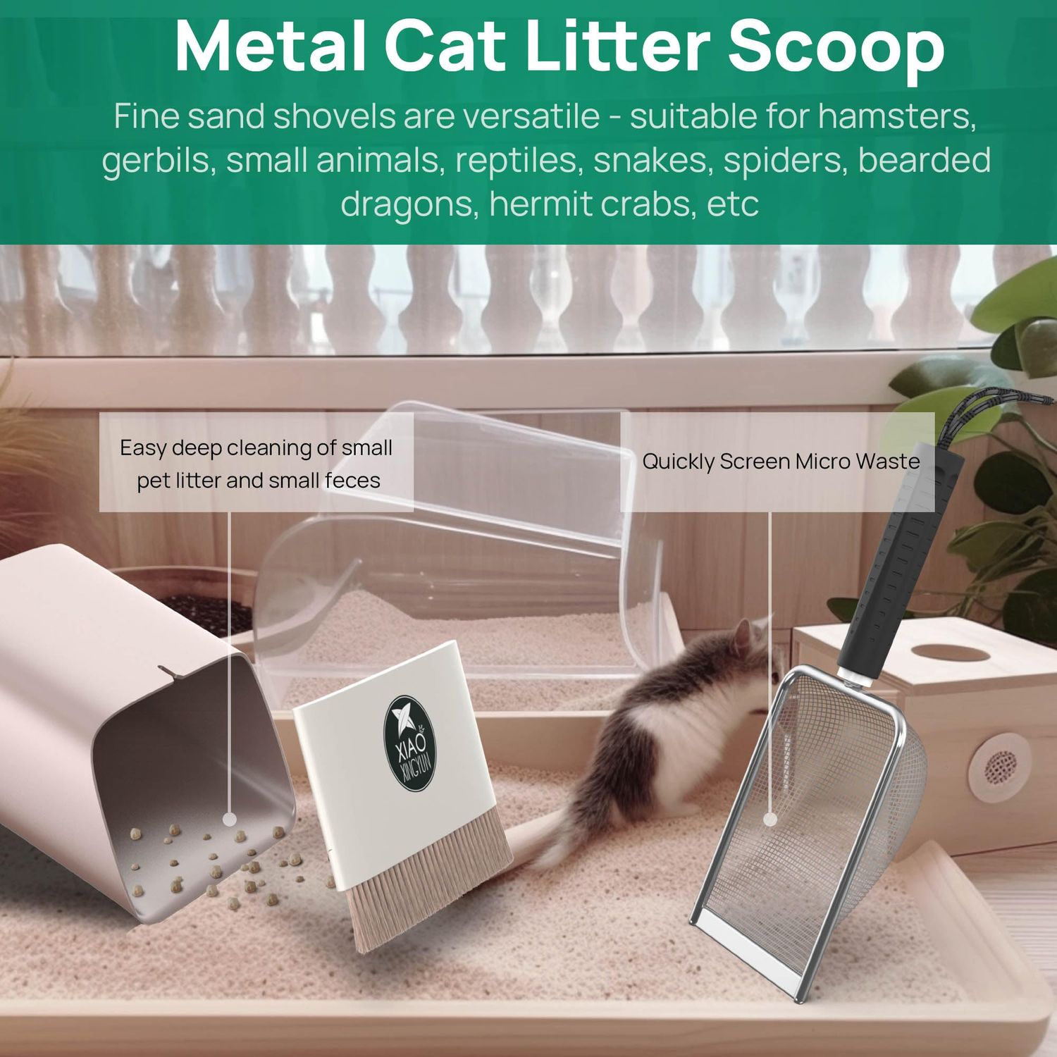 Hamster Metal Litter Scoop for Sandbath Box,Stainless Steel Litter Scooper includes Portable Small Broom and Dustpan, Fine Cat Litter Scoop Easy to Clean Small Pets or Reptile Terrarium Sand Waste