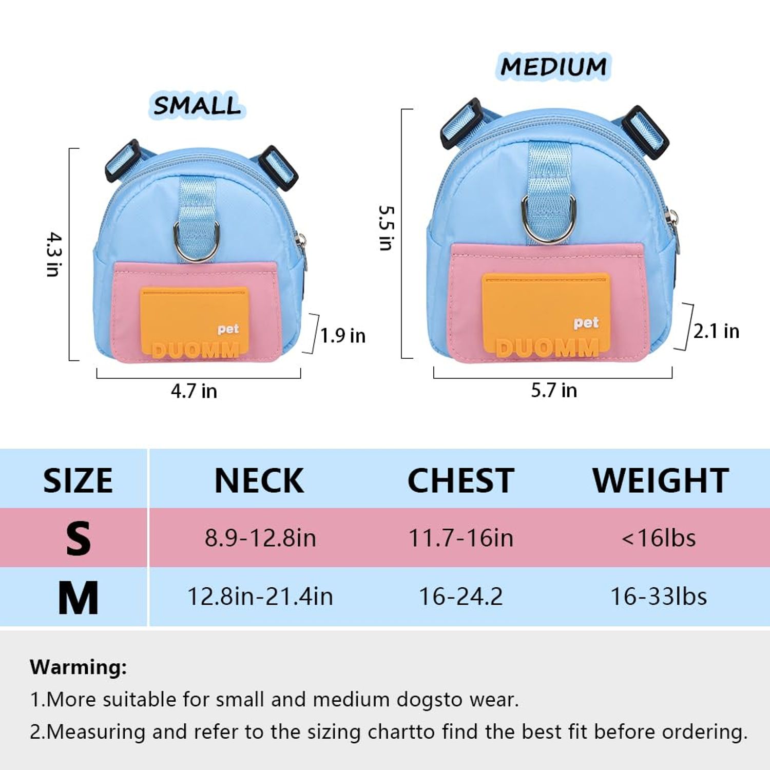 DoggieKit Dog Backpack Harness with Leash,Cute Pet Puppy Backpacks Bulid-in Dog Poop Bag Dispenser,Adjustable Pets Self Carrier Bag for Small Medium Dogs Travel Hiking Daily Walking (M, Blue)