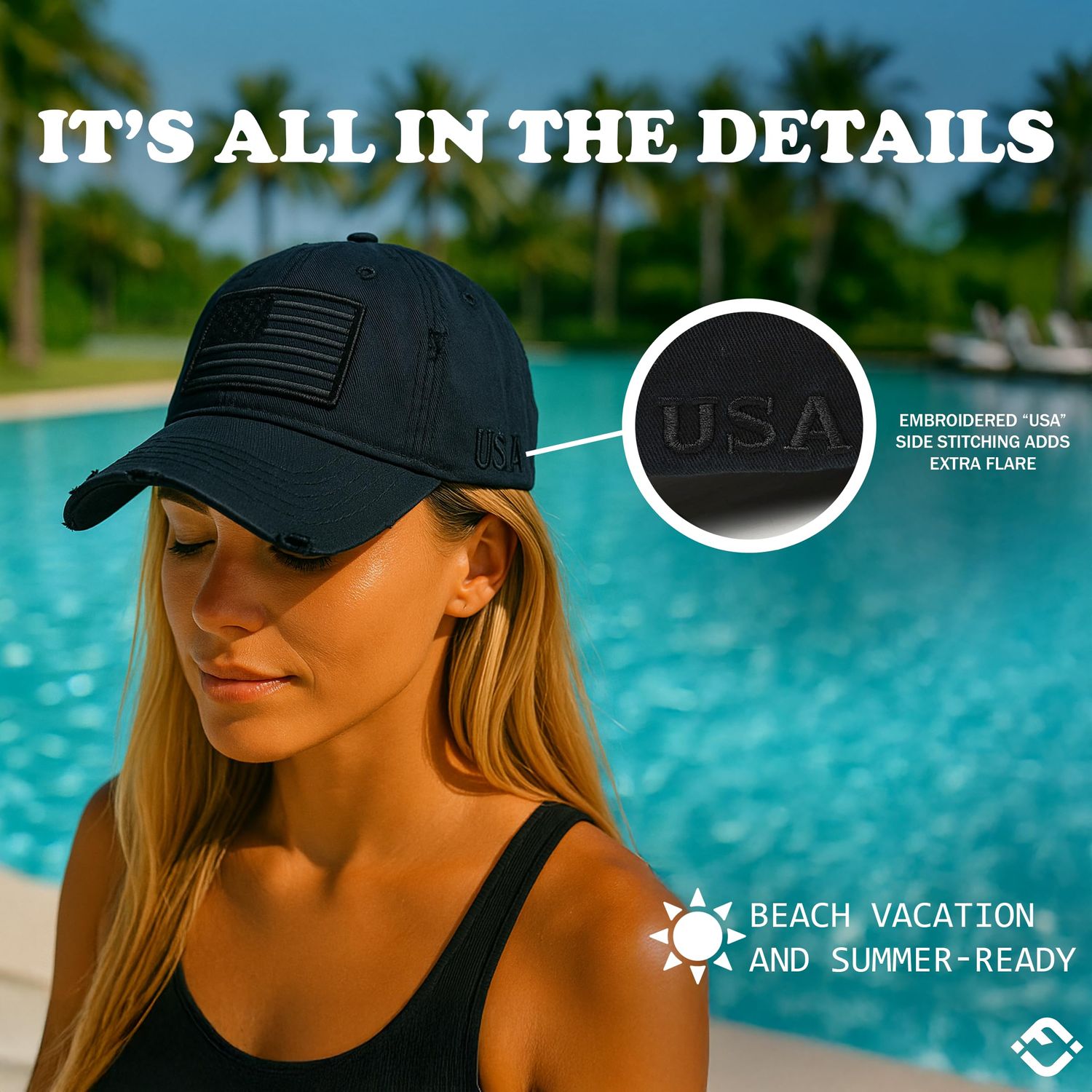 Funky Junque Women's Vintage Distressed Baseball Cap, Happy Camper Hat, Beach Baseball Cap for Women, Mom Life Hat - American Flag - Black