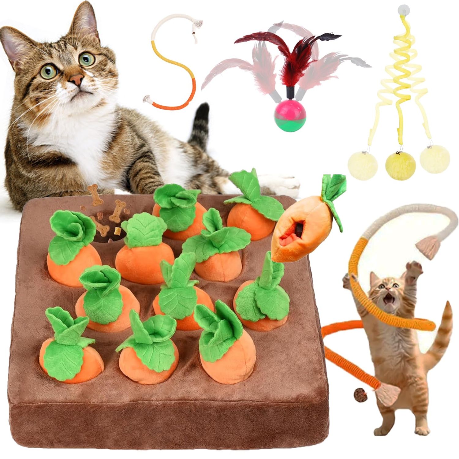 Risbang Carrot Cat Treat Puzzles for Indoor Cats, Interactive Cat Enrichment Toys for Bored Indoor Adult Cats Hanging Cat Toys Pack Bulk Kicker Nip Toy 12 Squeaky Plush Carrots