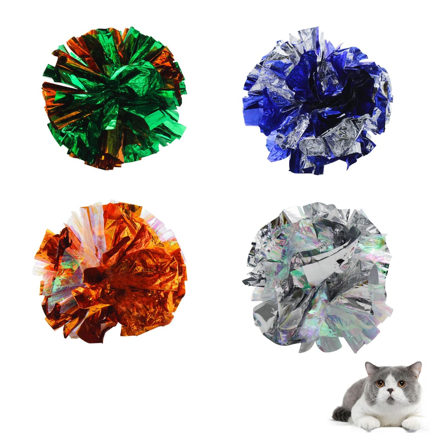 Andiker 3.54inch Mylar Cat Crinkle Balls, 4pcs Colorful and Sparkling Crinkle Ball Lightweight Easy to Carry Cat Ball Toy Interactive Cat Toys for Indoor Cats to Kill Time and Keep Fit (Mixing Color)