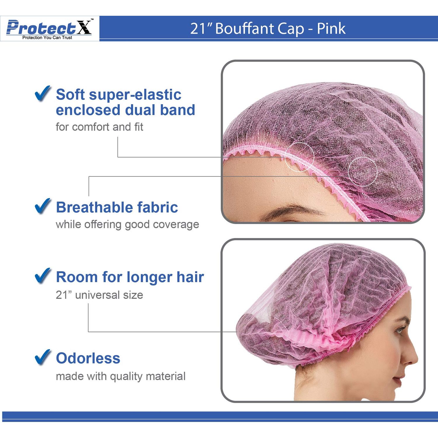ProtectX Disposable Bouffant (Hair Net) Caps Hair Head Cover Nets 21” (Pink 100 pack)