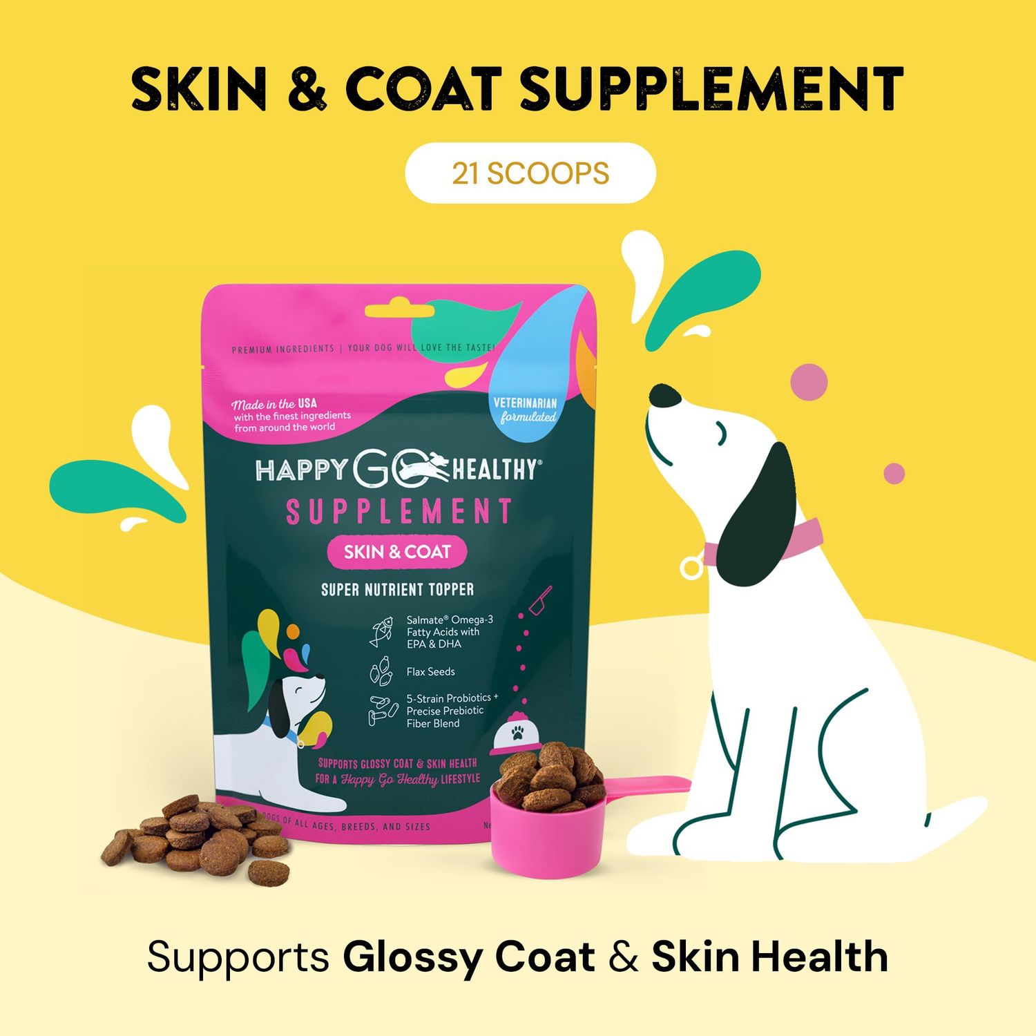 Happy Go Healthy Skin & Coat Supplements for Dogs | Dog Itching Skin Relief & Promotes Shiny Skin Coat for Dogs | Rich in Omega 3 All-Natural Ingredients Tasty Kibble Dog Food Topper | 21 Count Pack