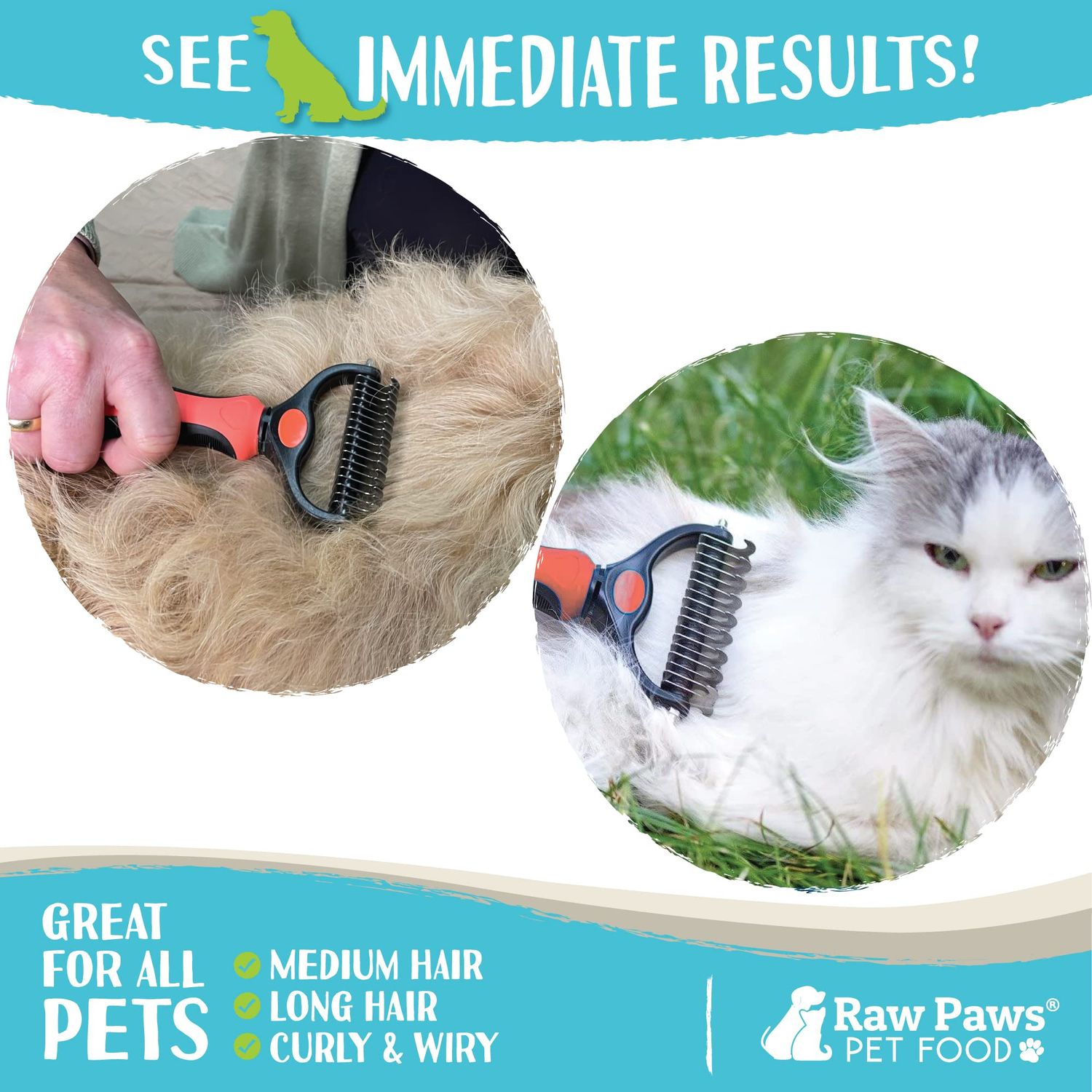 Raw Paws Undercoat Rake & Dematting Tool, 1 ct - 2-Side Undercoat Rake for Dogs & Cats - Dog Rake Brush for Shedding - Dematting Tool for Dogs - Cat Brush for Shedding - Cat & Dog Grooming Rake