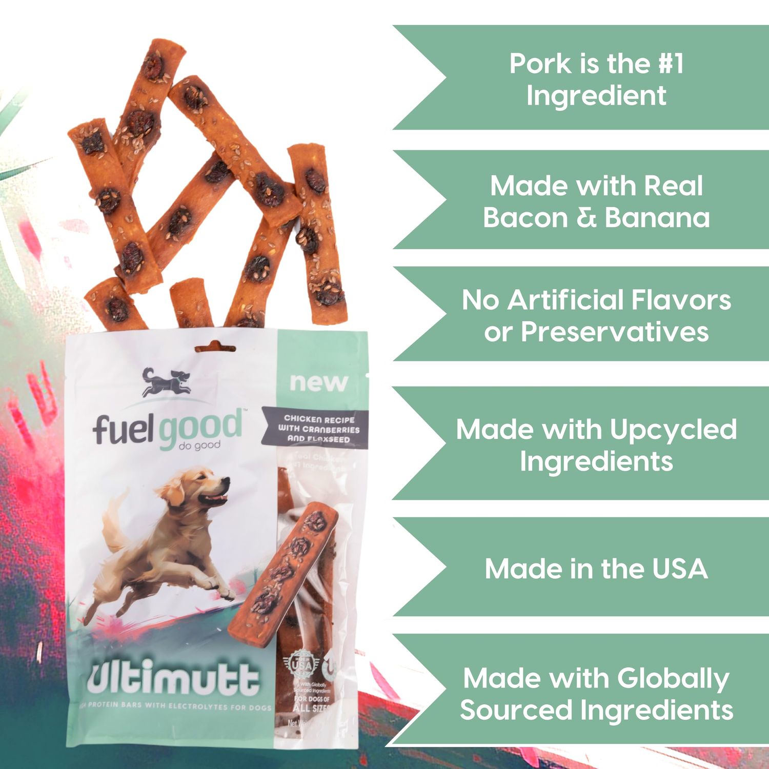Fuel Good Ultimutt High Protein Bars with Electrolytes - Chicken Recipe with Cranberries and Flaxseed High Protein Dog Treats - 8oz Bag - Made in The USA, Wheat and Corn Free