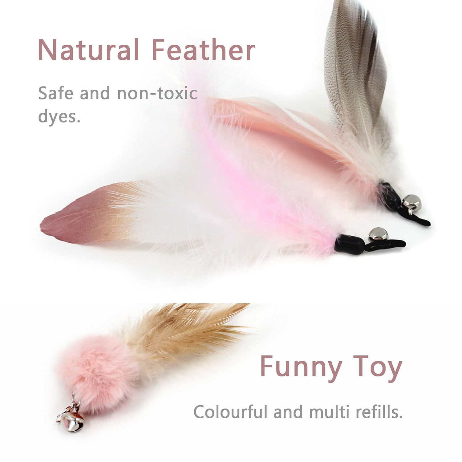 SONGWAY Interactive Feather Toys - 7 Pcs Cat Toy Set, Retractable Wand, Teaser Refills With Worm Bird Feathers and Bell for Indoor Cats Kitten Play Chase Exercise, Light Pink