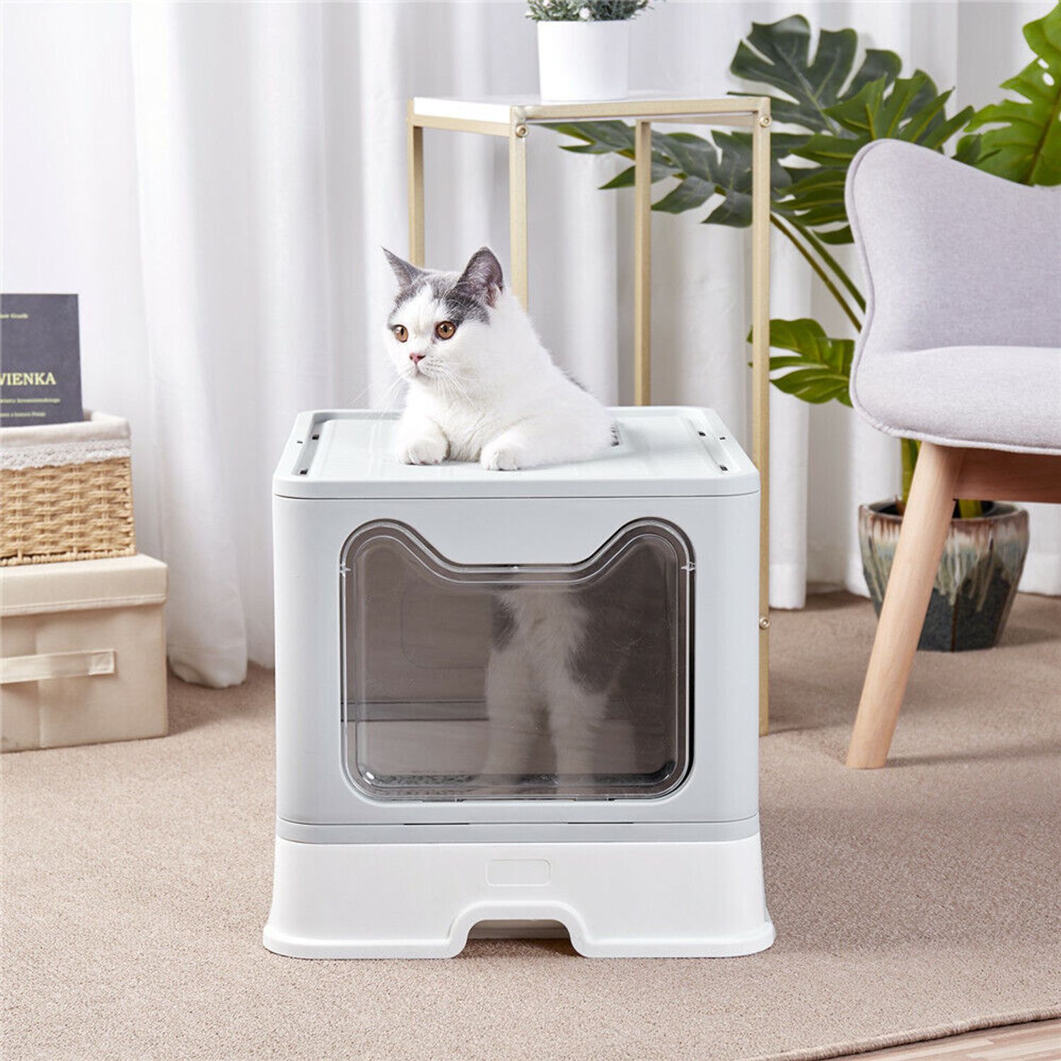 Large Pet Cat Litter Box Hooded Fully Enclosed Drawer Tray with Cat Litter Scoop