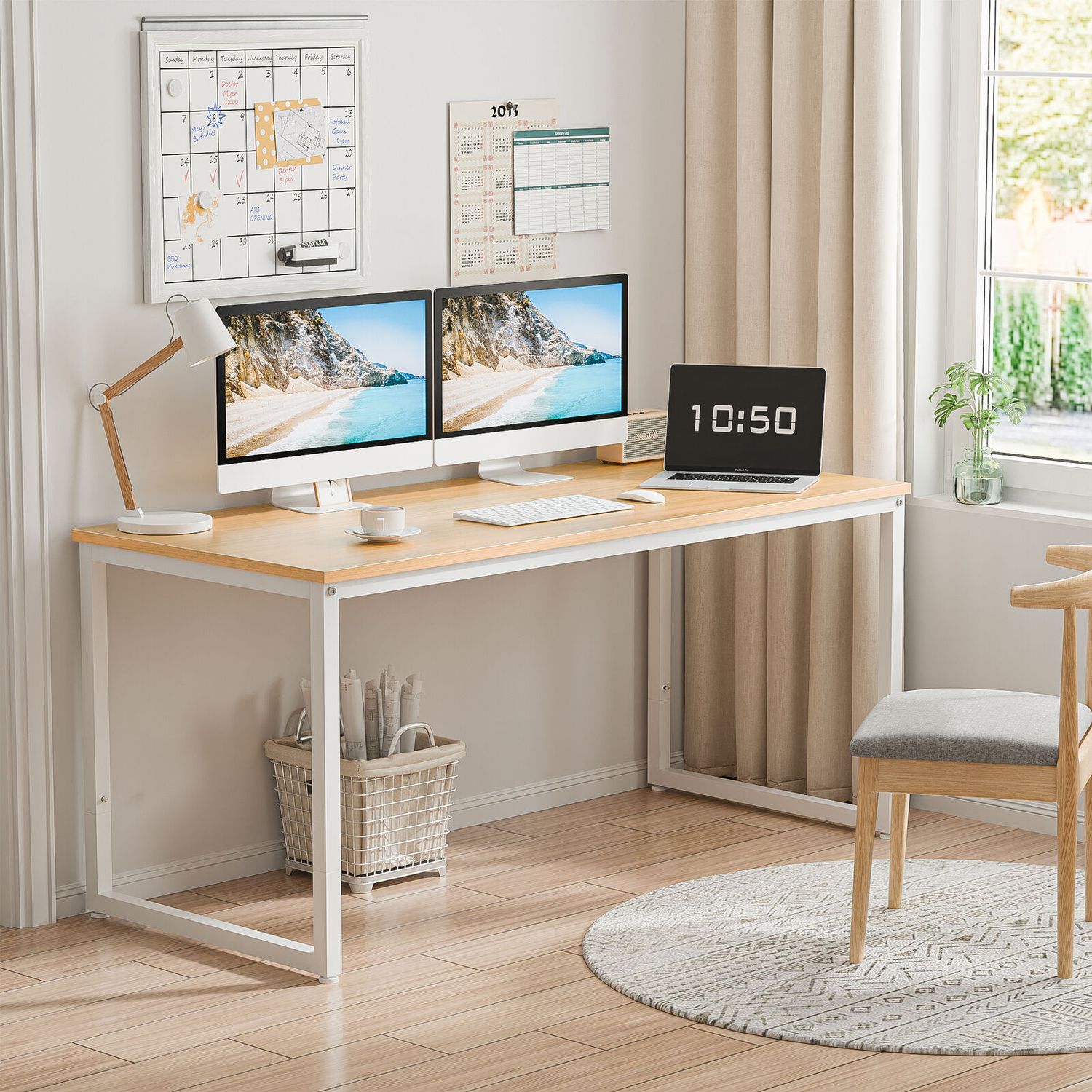 55" Modern Computer Desk Study Workstation Home Office Desk for Bedroom Natural