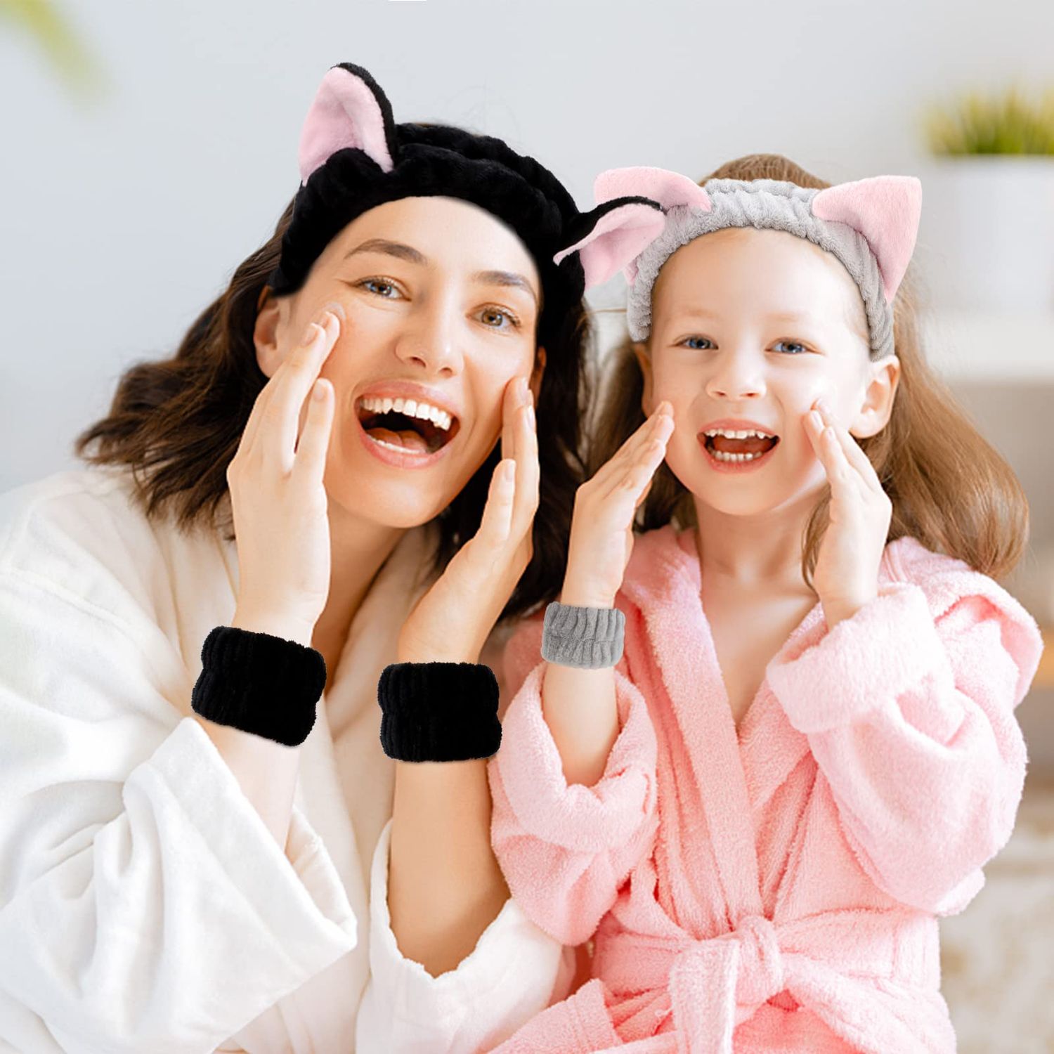 AMCAMI 6 Pcs Spa Headband Face Wash Headband and Wristband Set, Cute Make Up Cat Ears Headband Plush Animal Makeup Skincare Headbands with Face Washing Wristband for Women