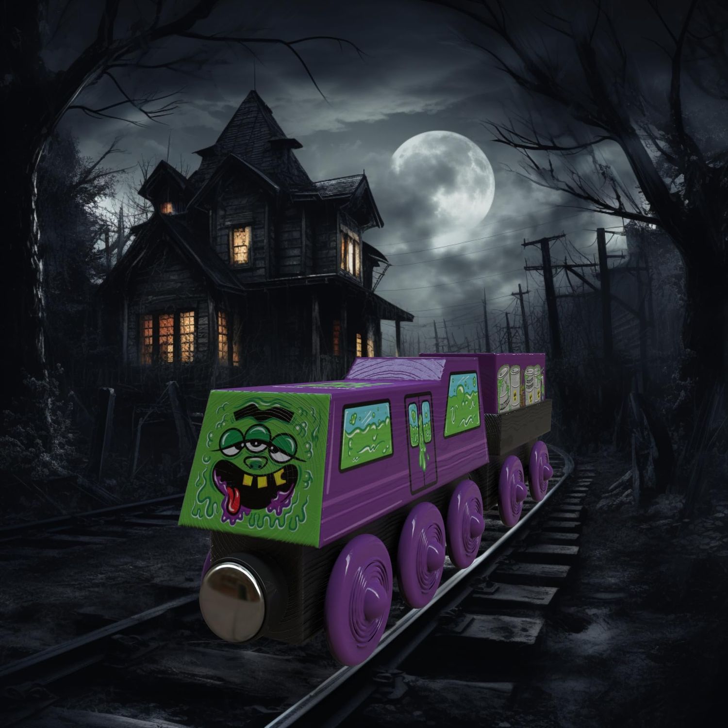 ZANY TRAINS Toddler Halloween Toys - Toxic Ted - Wooden Train Set with Cargo - Compatible with All Wooden Train Sets - Wooden Train Cars - Boo Basket Stuffers - Spooky Puzzle Gifts for Kids