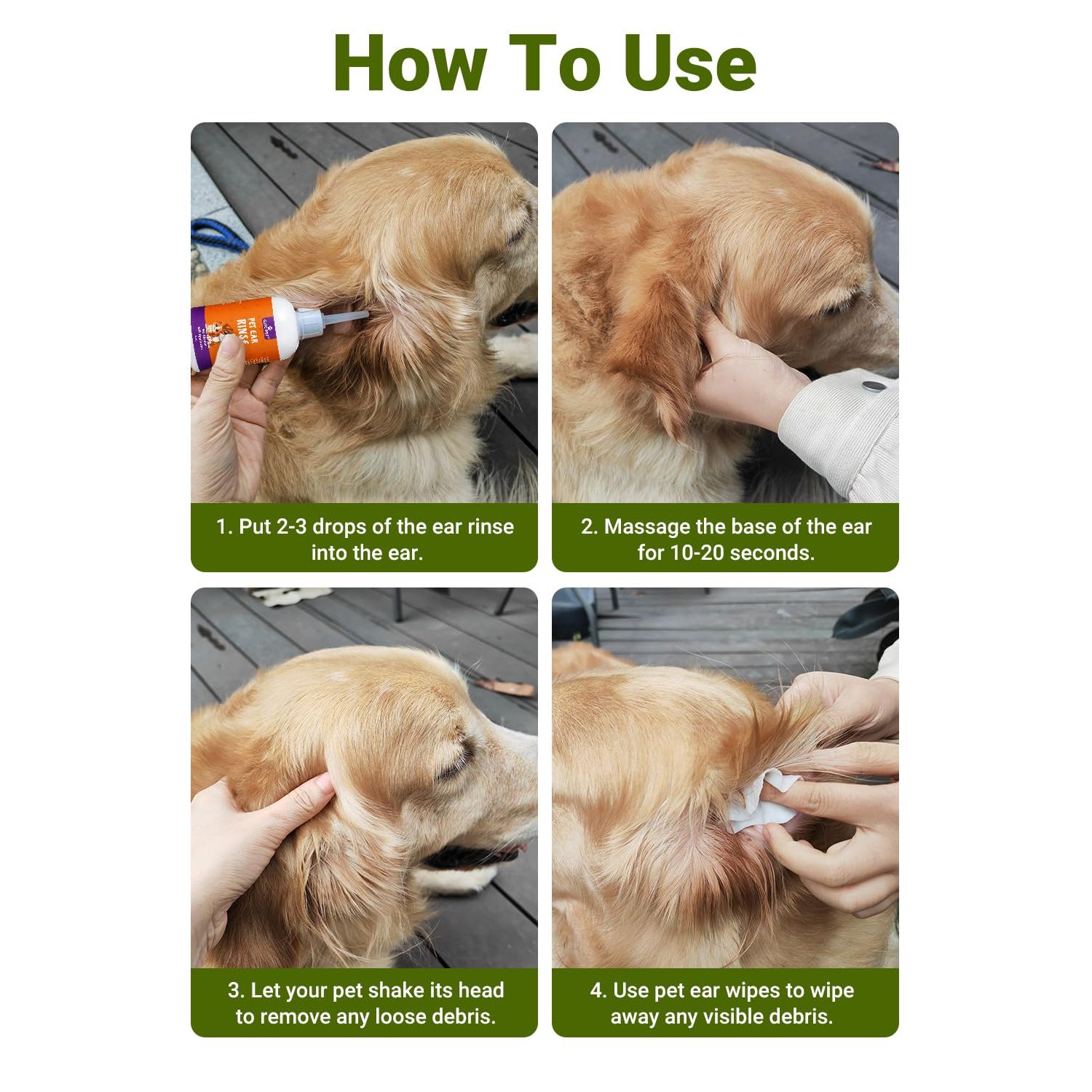 GJYC PET Dog Ear Cleaner-Ear Rinse & 100pcs Dog Ear Wipes & 30 Cotton Swabs Dog Ear Inflammation Therapy for Itch Relief, Soothe Ear Inflammation, Removes Wax, Odor