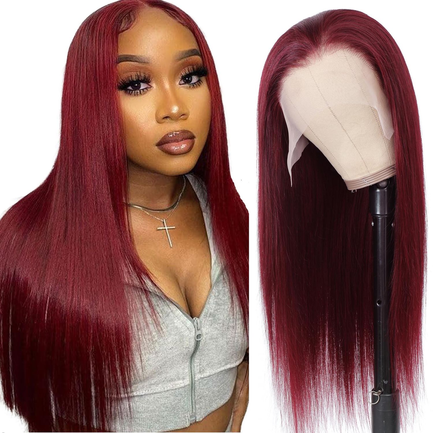 99j Burgundy Lace Front Wigs Human Hair 13x6.5 HD Burgundy Colored Lace Front Wigs Human Hair 200% Density Glueless Straight Wigs Human Hair Pre Plucked with Baby Hair (99J Burgundy wigs, 32 Inch)