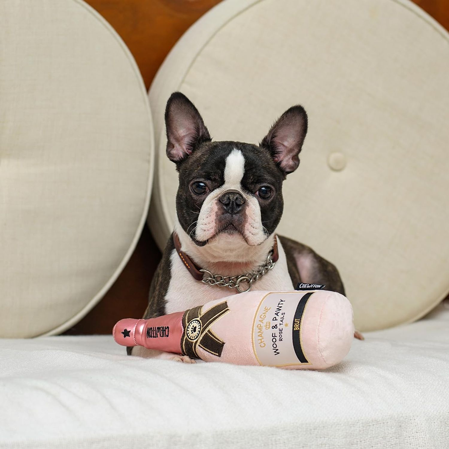 CHEWFFON Dog Toy, Squeaky Dog Toys for Boredom, Plush Pet Present Chew Toy for All Breeds Dogs, Pink Champagne Shape Interactive Puppy Toys for Birthday Stimulating Gifts