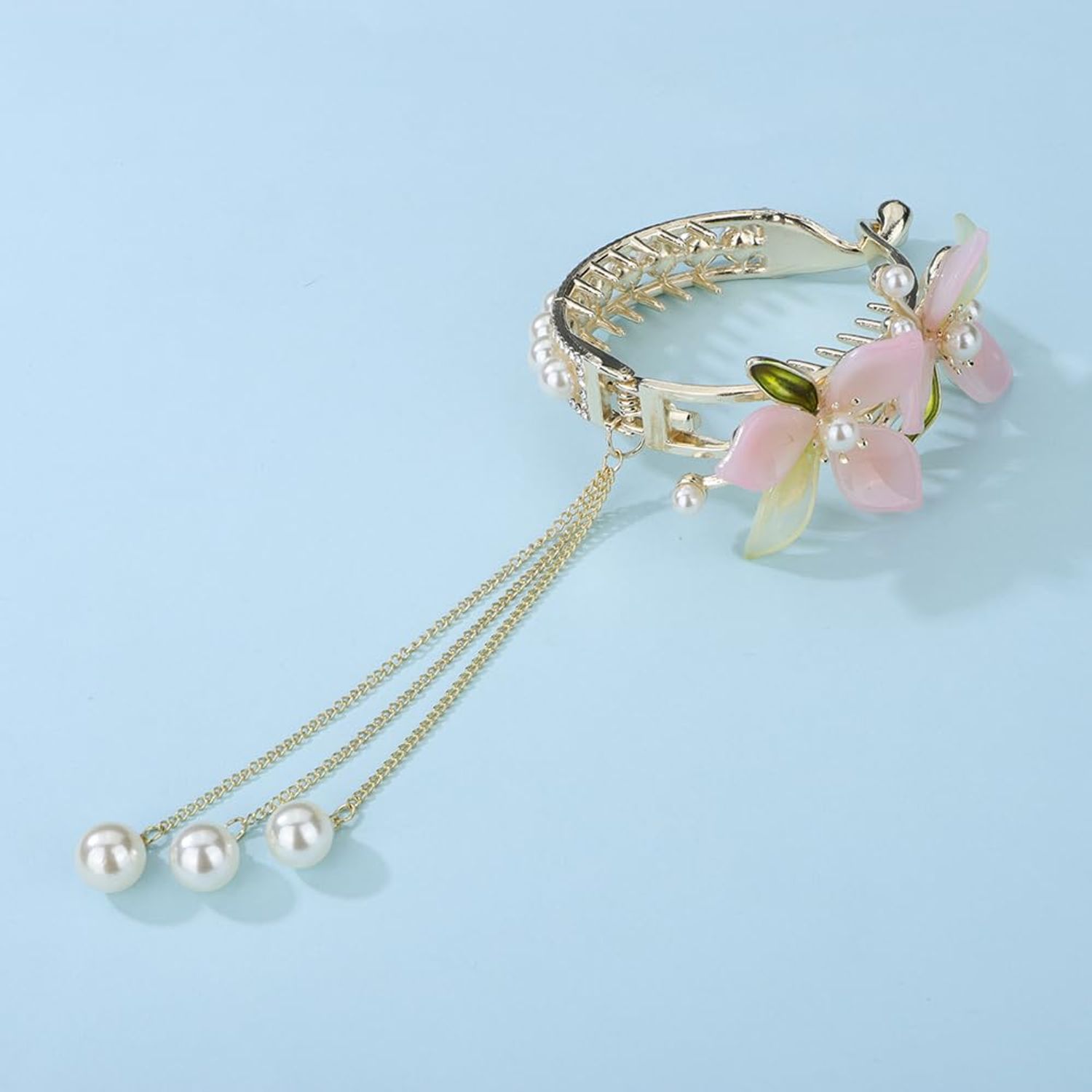 Wiwpar Flower Tassel Hair Bun Clip Flower Ponytail Buckle Hairpin Crystal Long Tassel Ponytail Holder Claw Pearl Long Tassel Hair Claw Clips Hair Barrettes Accessories for Women Girls (Style1)
