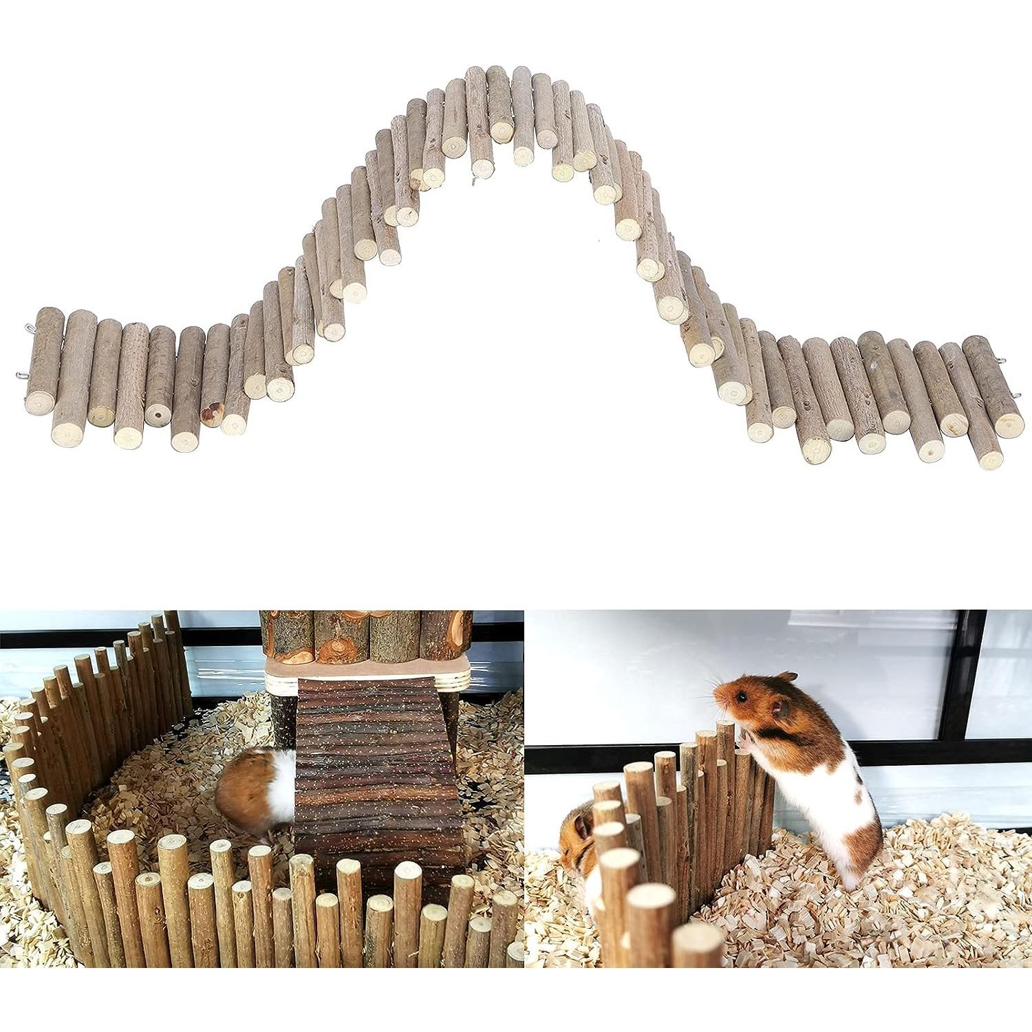 Haosie Flexible Hamster Wooden Bridge, 23.6In Hamster Fence, Hamster Cage Decor and Platforms, Hamster Cage Accessories (23.6In)