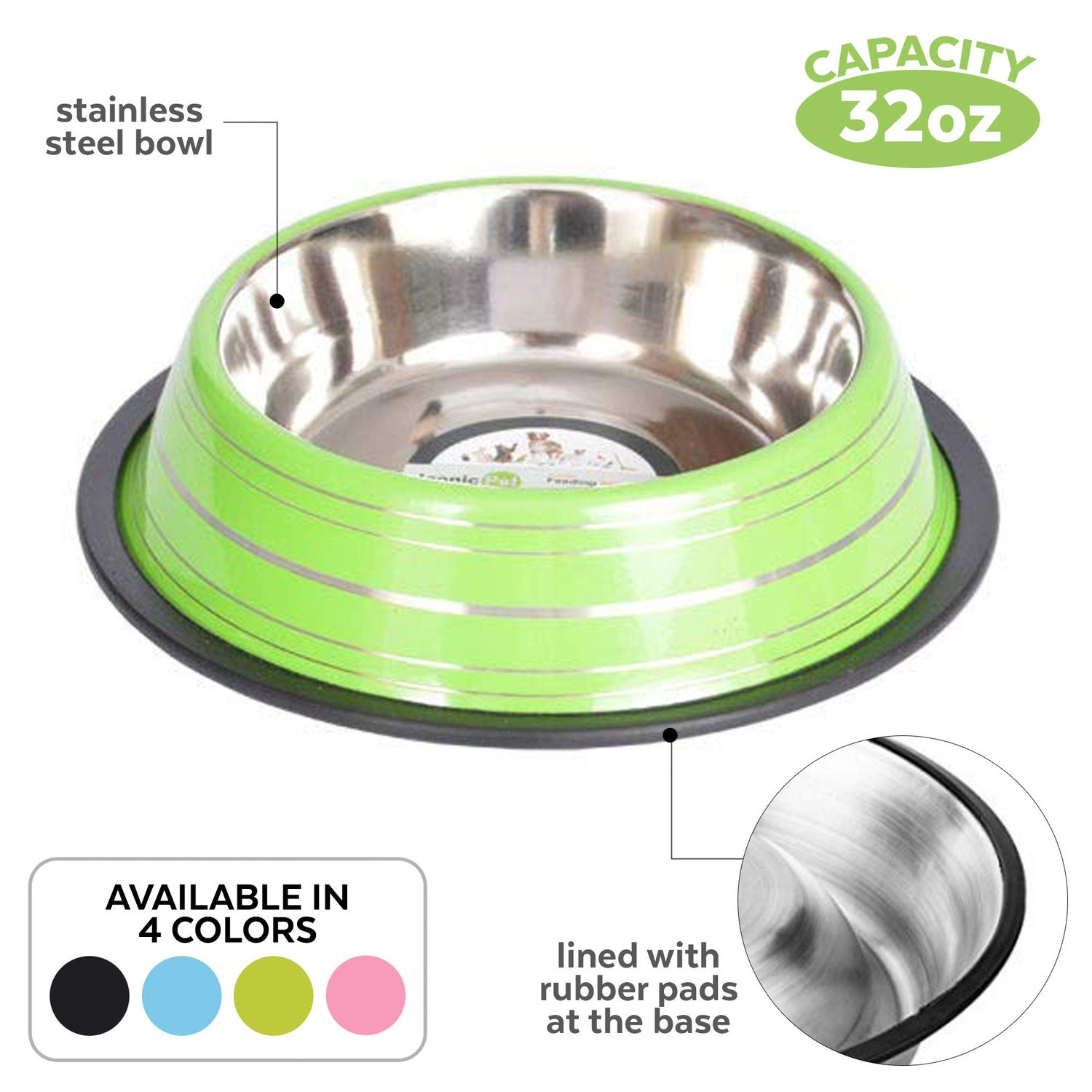 Iconic Pet Color Splash Stripe Non-Skid Pet Bowl, 32-Ounce, Green