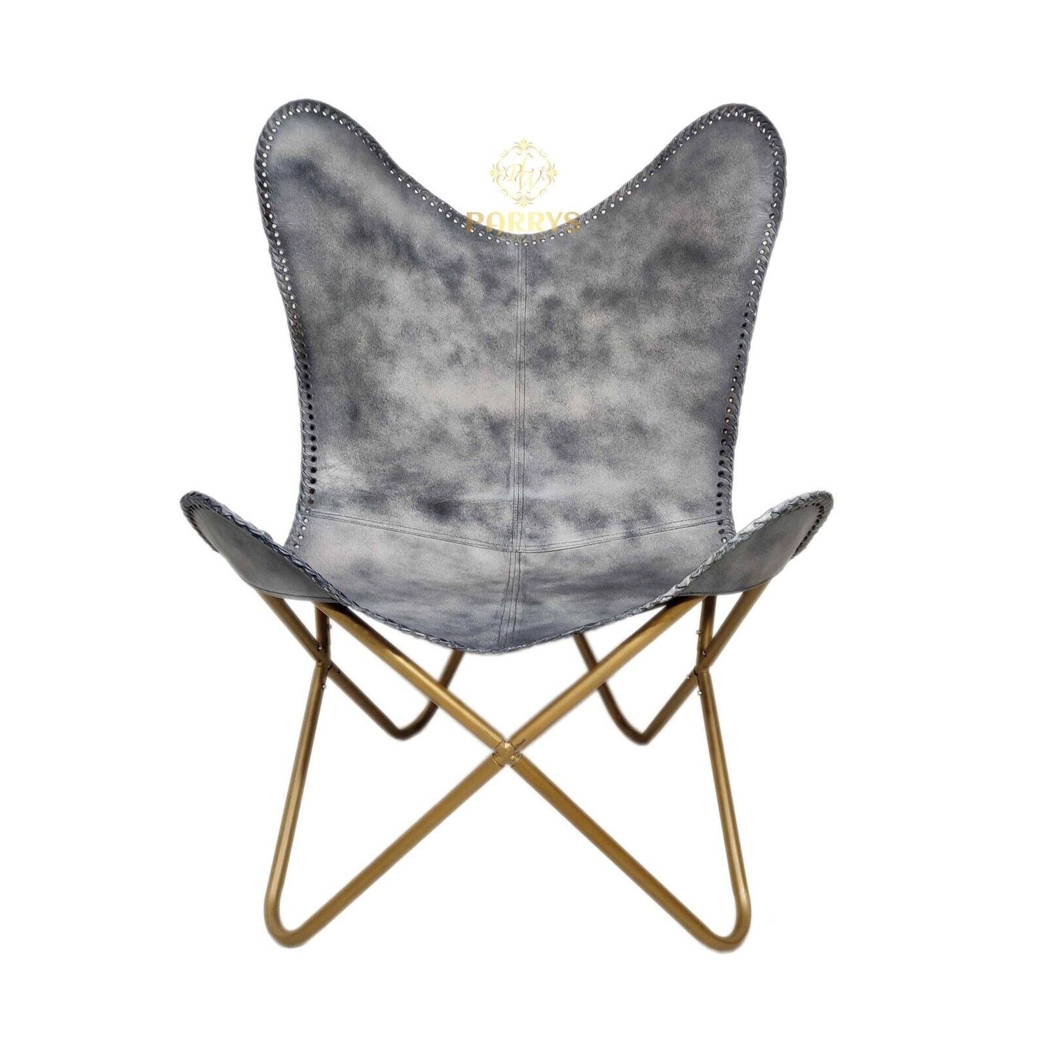 Butterfly Leather Chair & Ottoman – Gray Leather Folding Chair/Footstool
