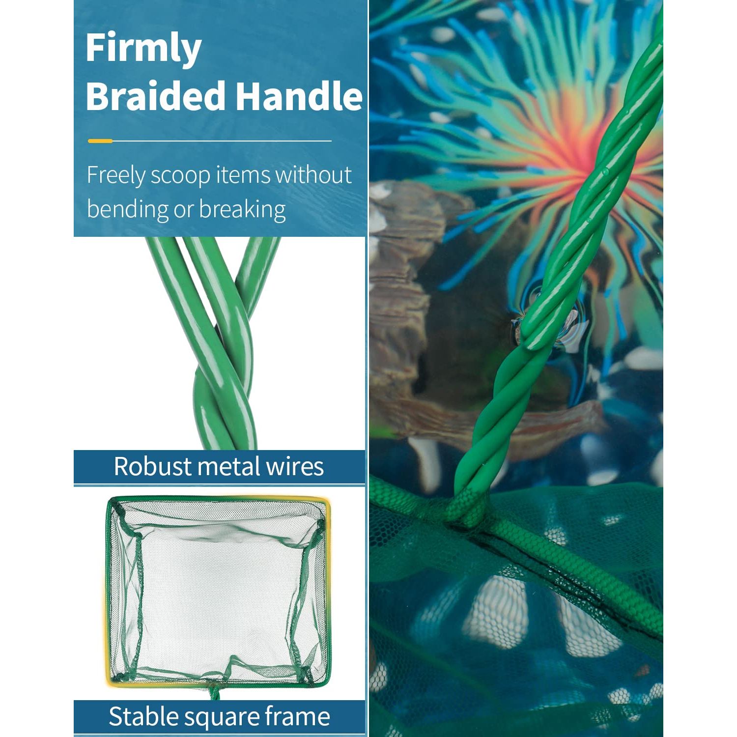 Pawfly 4 & 6 Inch Aquarium Fish Net Set with Braided Metal Handle Square Green Net with Soft Fine Mesh Sludge Food Residue Wastes Skimming Cleaning Net for Fish Tanks Small Koi Ponds and Pools