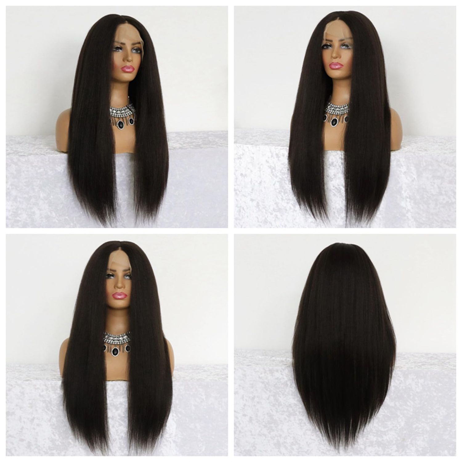 MACA BAKA Kinky Straight Synthetic Lace Front Wig Glueless 180 Density Long Black Yaki Straight 13x4 Lace Front Wigs for Black Women Pre Plucked 24 Inches Natural Color