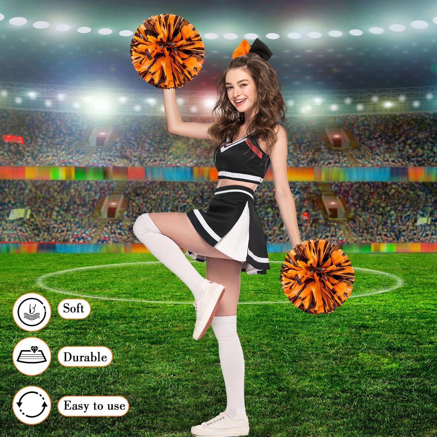 Cheerleading Pom Poms and Large Cheerleader Hair Bow for Girl, 12 Inch Large Metallic Cheer Cheerleader Pom Poms for Sports Team Spirit Cheering (Orange Black Mixed)