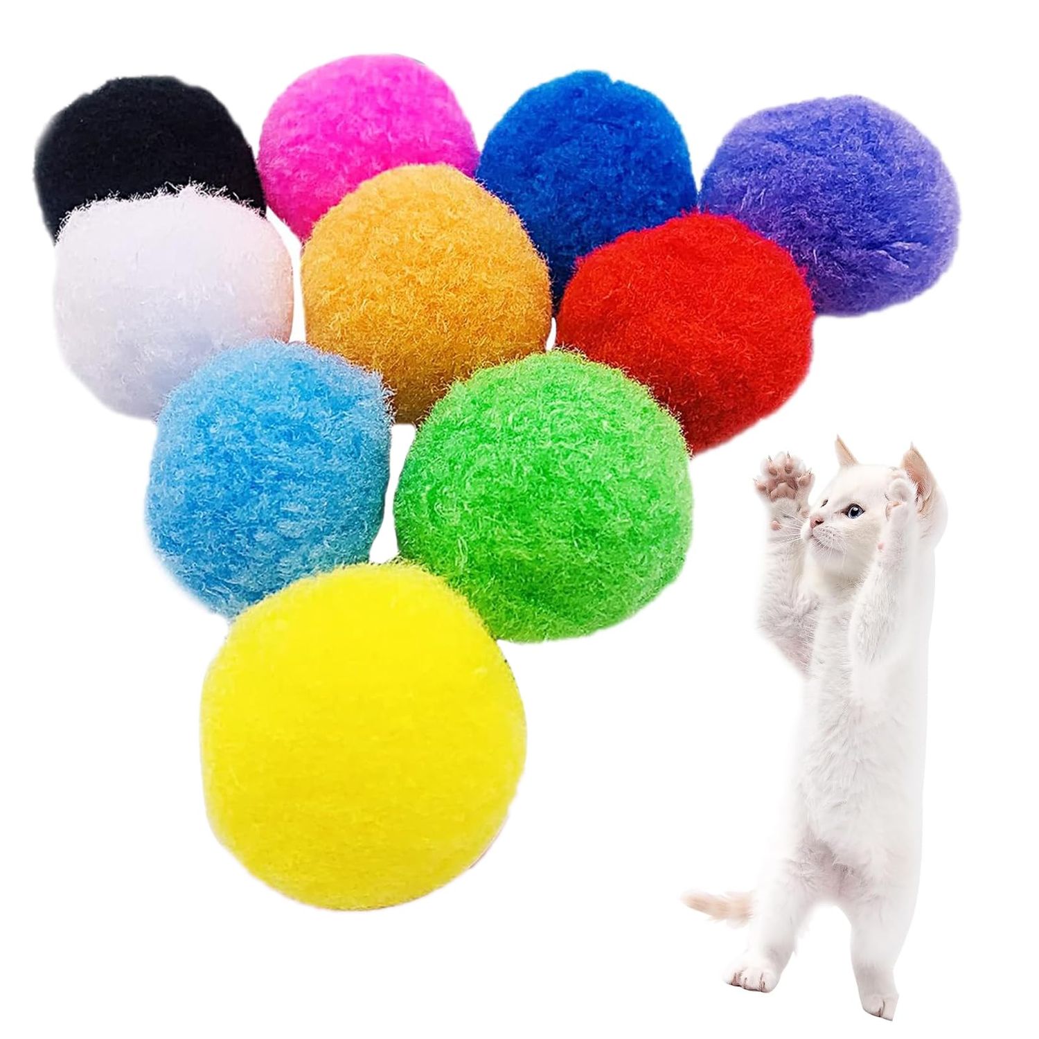 HaiPal Cat Toy Balls, 10Pcs Premium Soft Pom Pom Balls for Kittens, 1,6'' Funny Interactive Cat Pompom Toys for Bored Indoor Cats Playing Plush Balls for Craft DIY Decorations, Cute Kitten Kitty Toys.