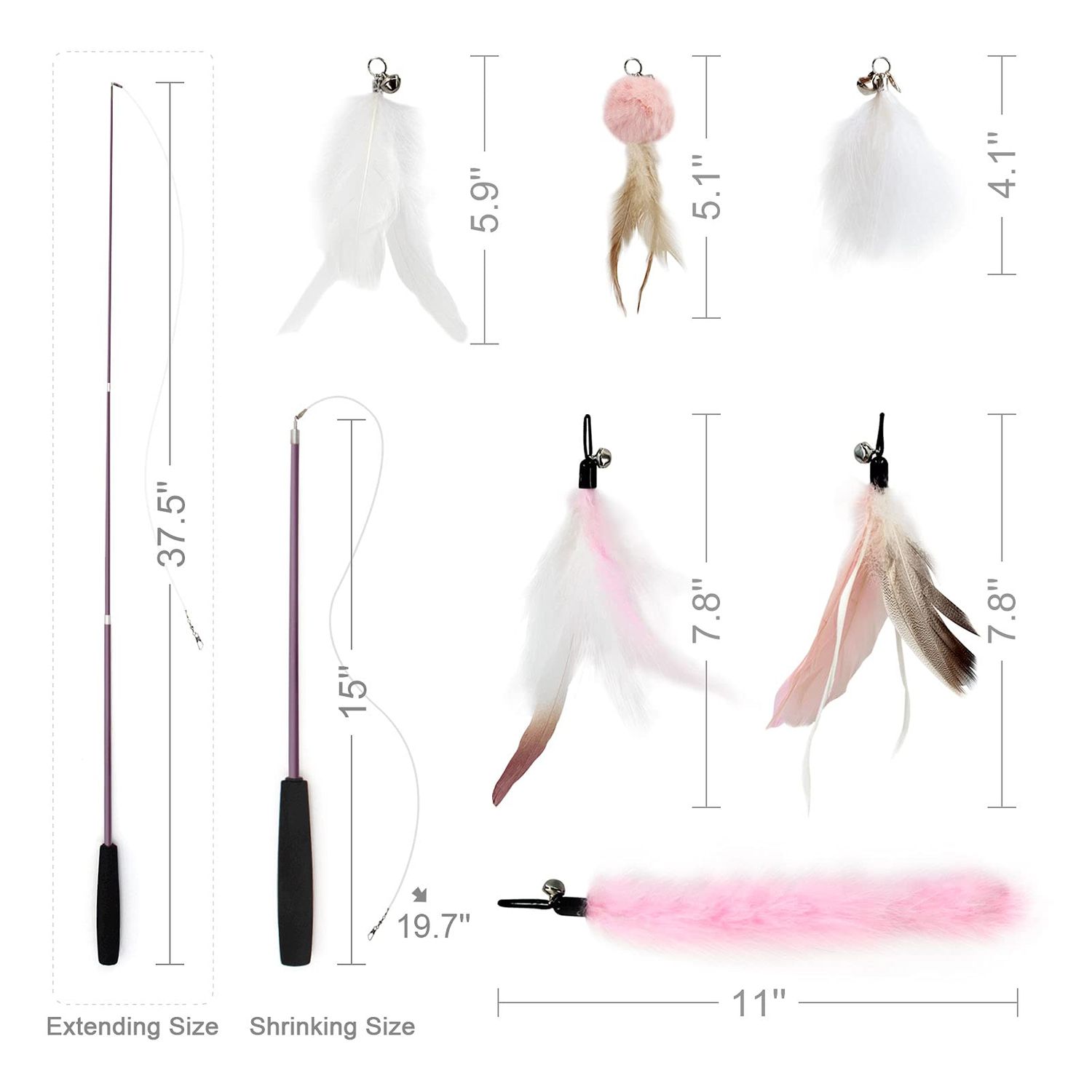 SONGWAY Interactive Feather Toys - 7 Pcs Cat Toy Set, Retractable Wand, Teaser Refills With Worm Bird Feathers and Bell for Indoor Cats Kitten Play Chase Exercise, Light Pink