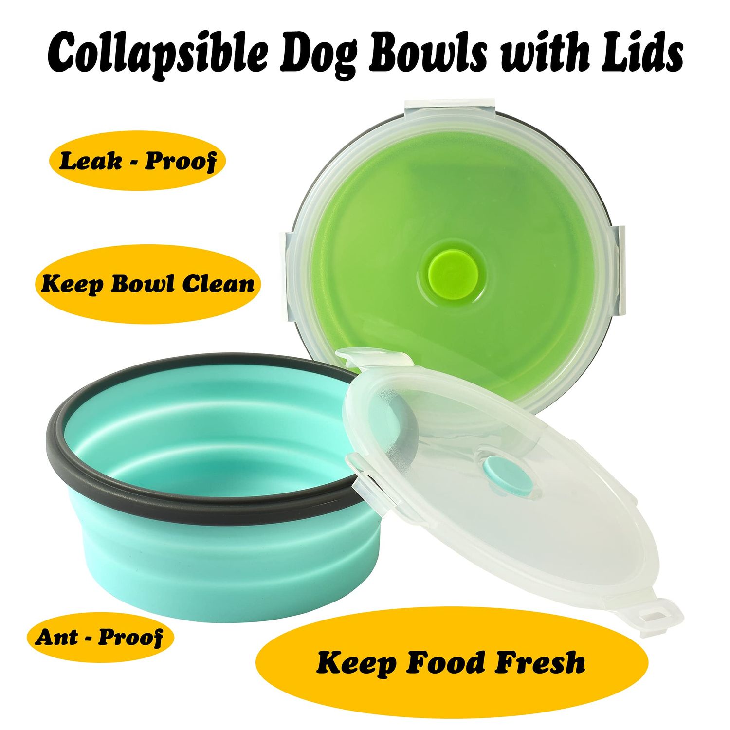 Collapsible Dog Bowls with Lids, 2 Pack Travel Dog Bowls for Small Size Dogs, Silicone Portable Dog Food Bowls Water Cup Cat Bowls Dish for Camping Traveling Walking, 12 oz 350ml
